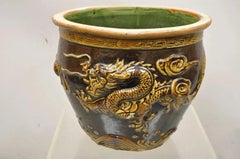 Antique Chinese Brown Glazed Ceramic Pottery Dragon Cachepot Jardinière - Pair