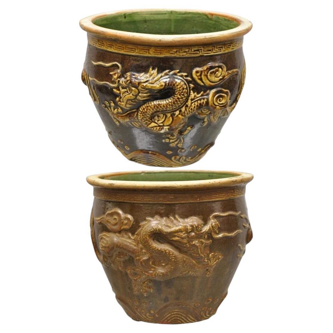 Antique Chinese Brown Glazed Ceramic Pottery Dragon Cachepot Jardinière - Pair For Sale