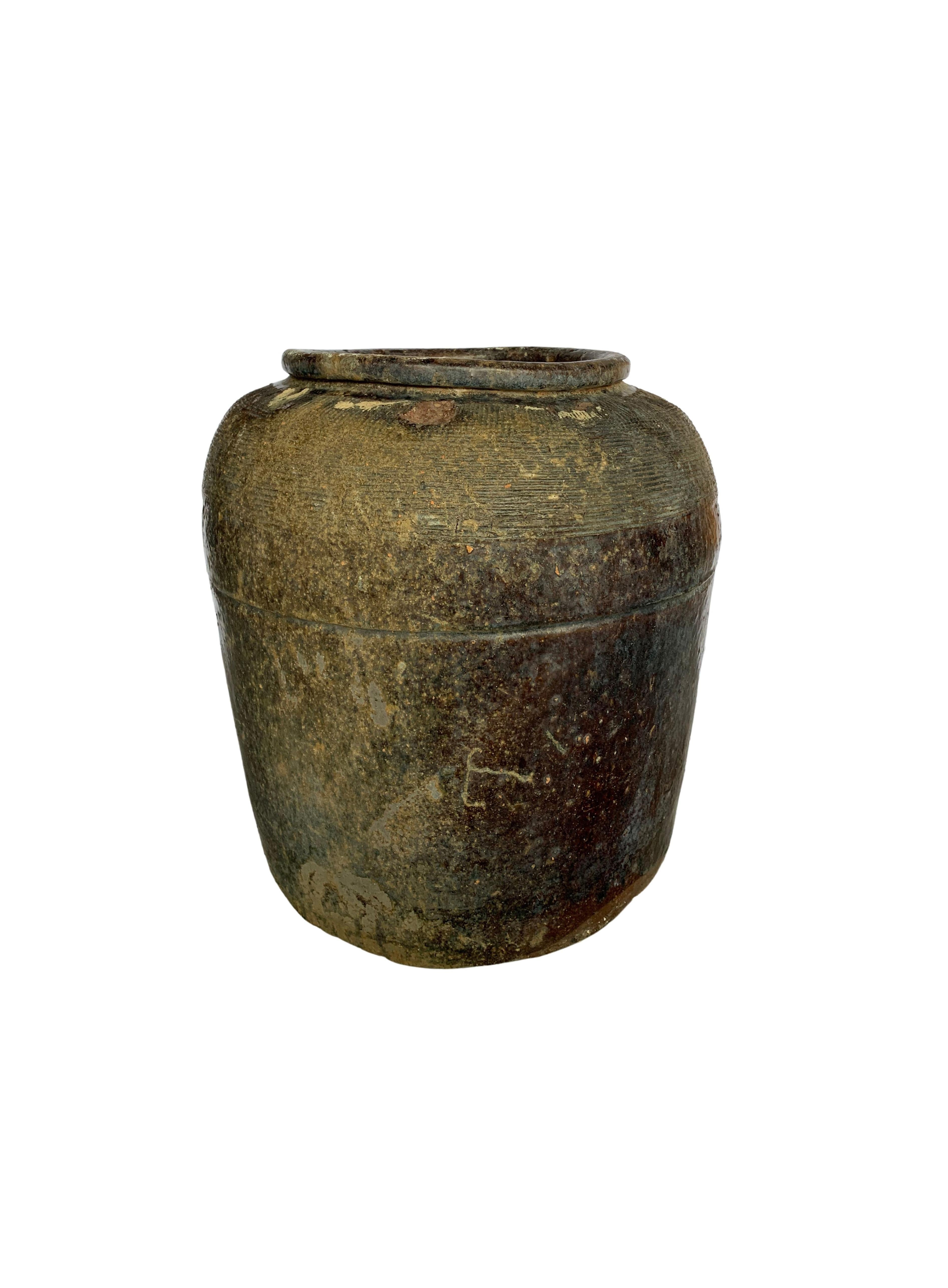 XX secolo Antico vaso cinese per uova salate in ceramica smaltata marrone, 1900 ca.