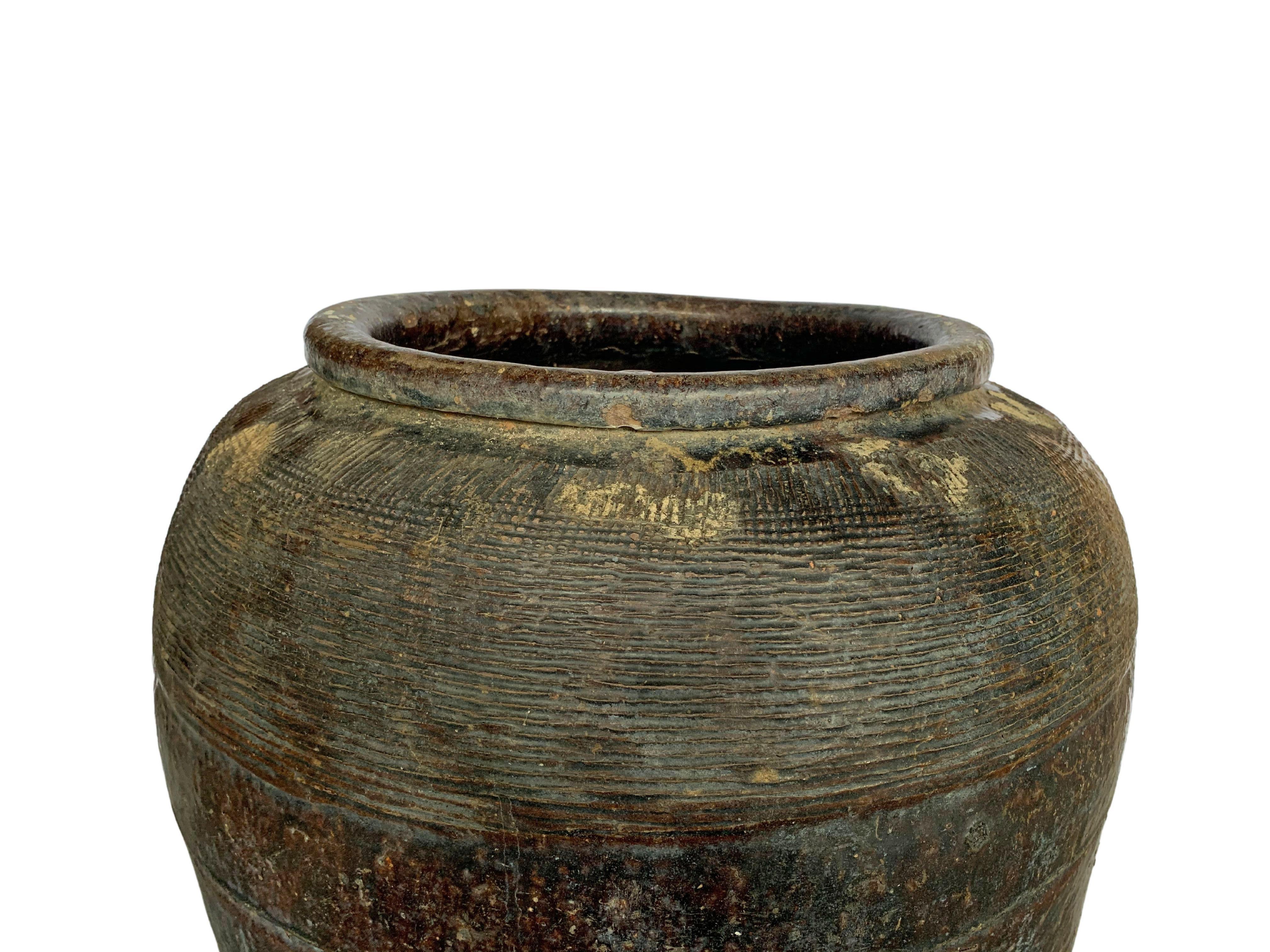 Antico vaso cinese per uova salate in ceramica smaltata marrone, 1900 ca. 1