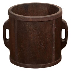 Antique Chinese Brown Grain Measuring Cup with Metal Braces and Lateral Handles