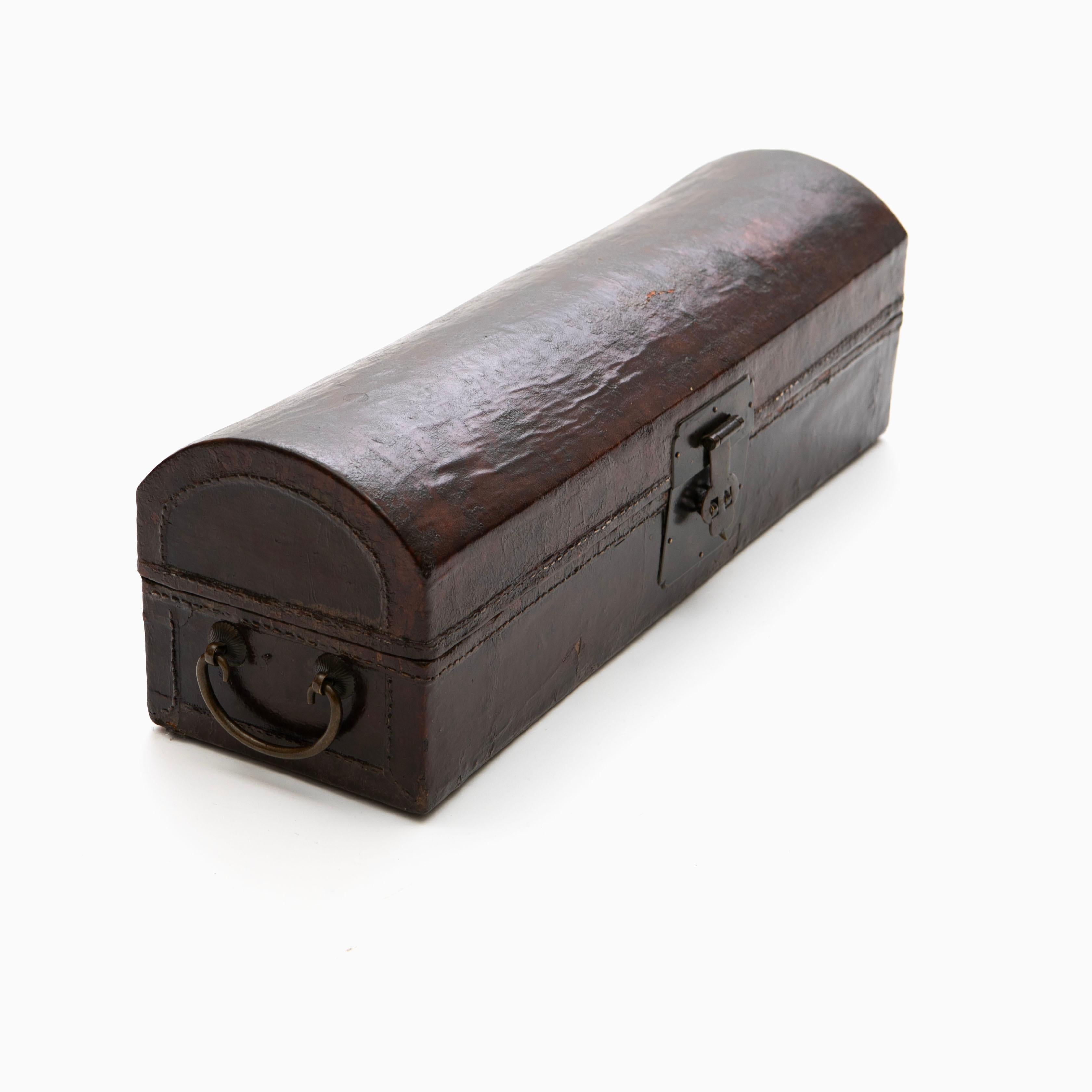 Qing Antique Chinese Burgundy Lacquer Pillow Chest with Leather and Metal Details