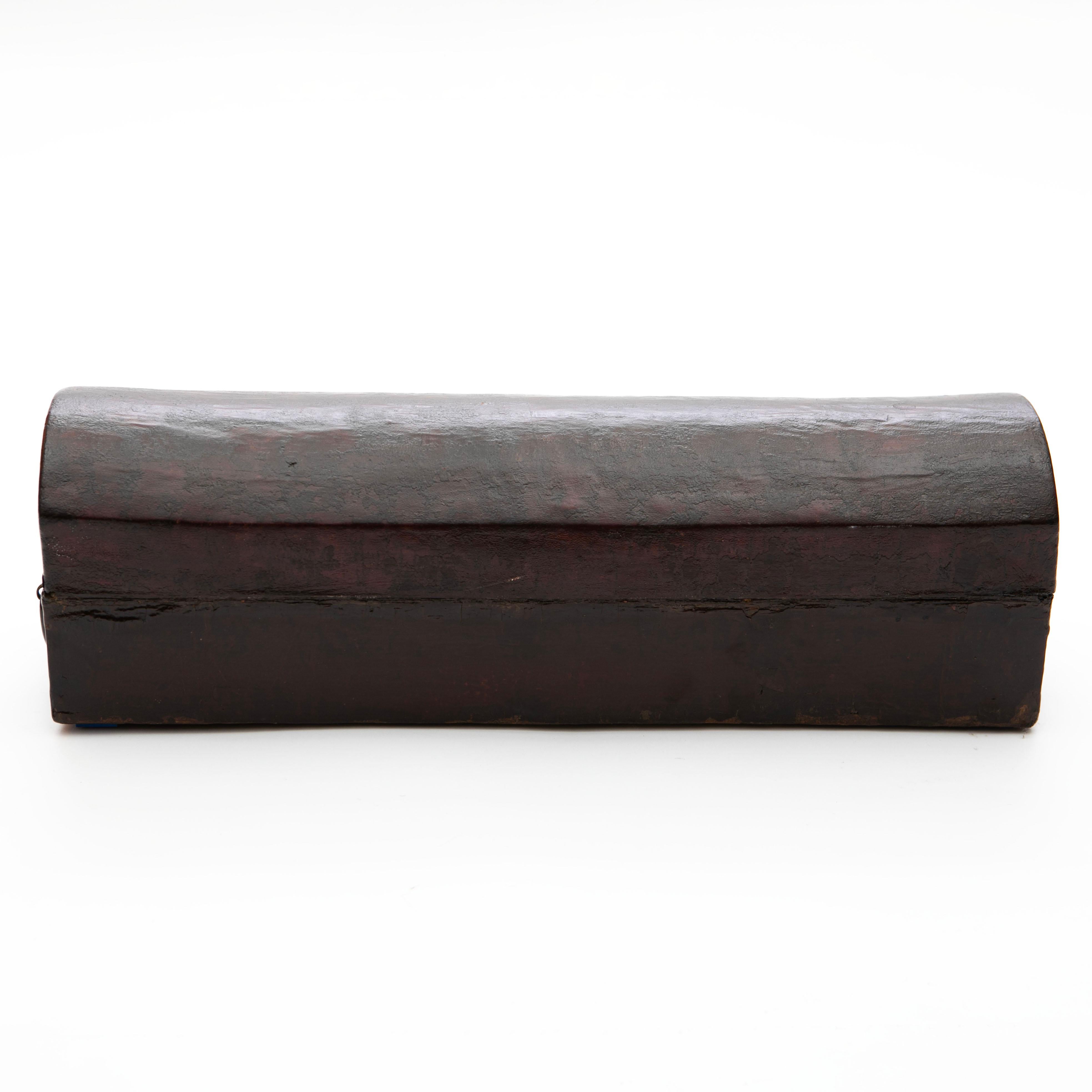 Antique Chinese Burgundy Lacquer Pillow Chest with Leather and Metal Details In Good Condition In Kastrup, DK