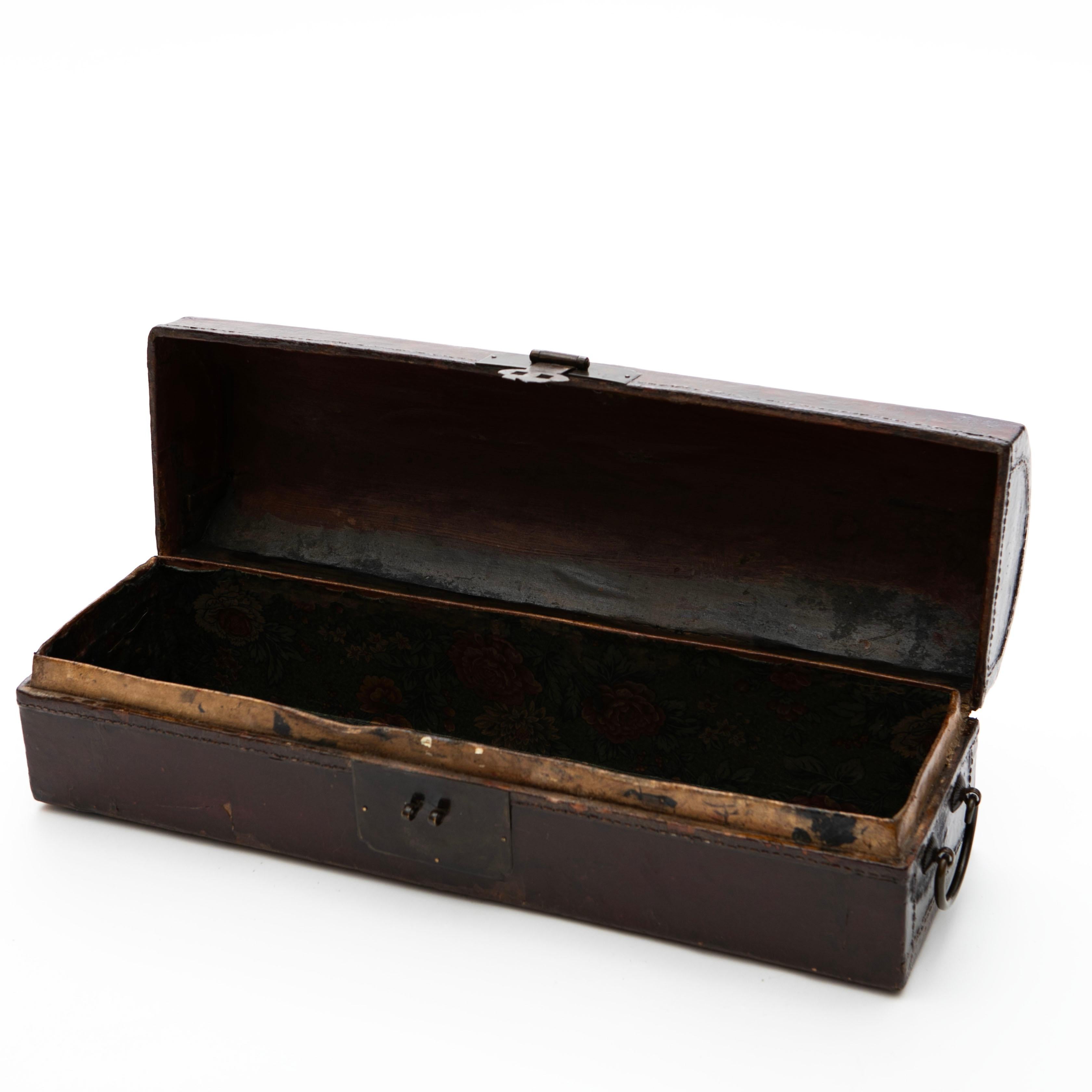 Antique Chinese Burgundy Lacquer Pillow Chest with Leather and Metal Details 1