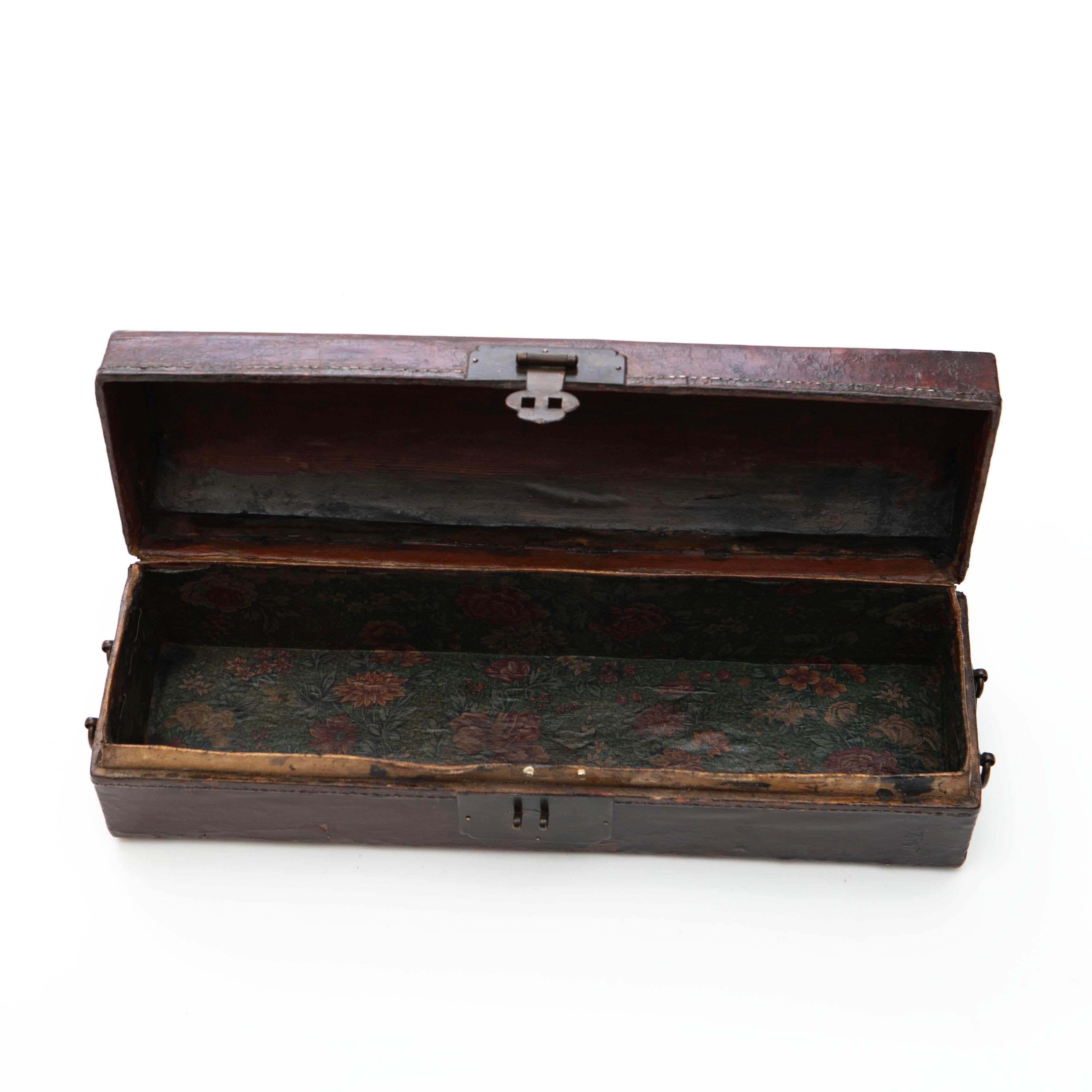 Antique Chinese Burgundy Lacquer Pillow Chest with Leather and Metal Details 2