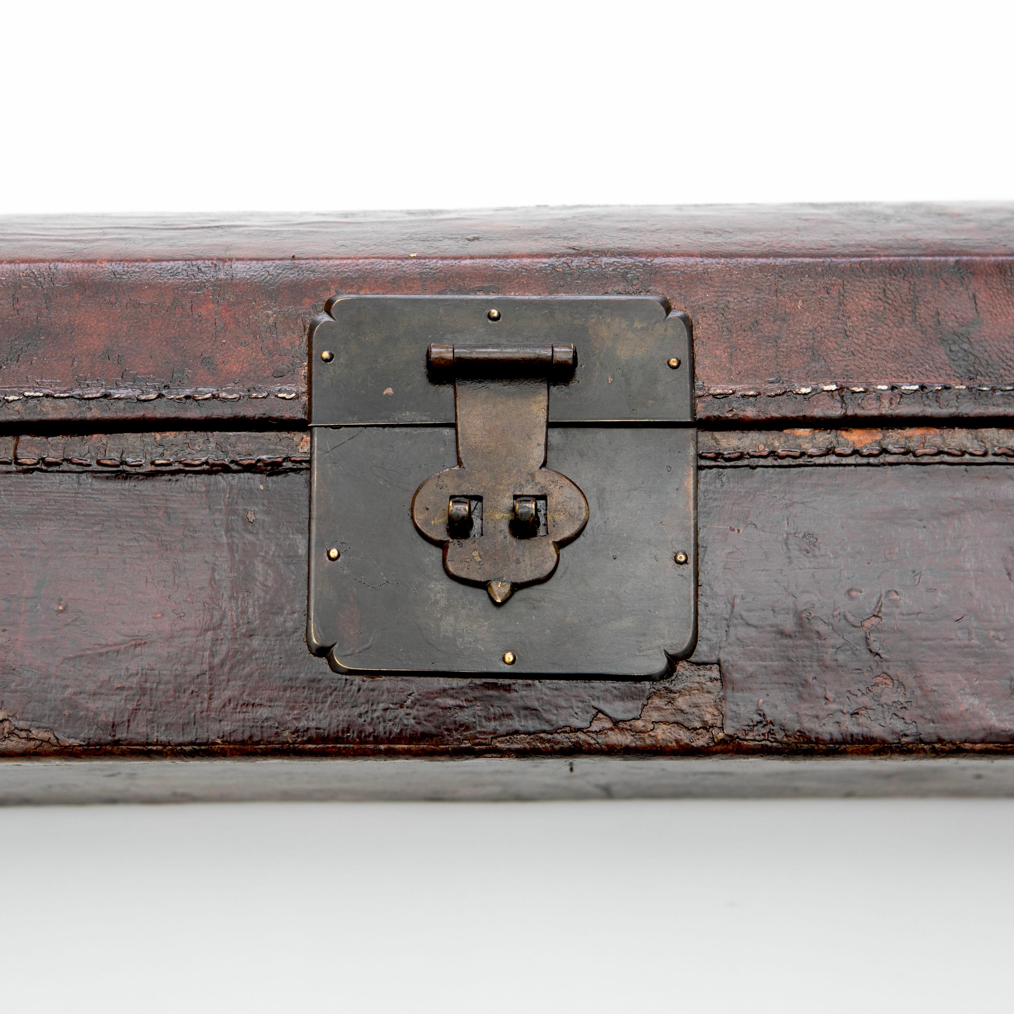 Antique Chinese Burgundy Lacquer Pillow Chest with Leather and Metal Details 3