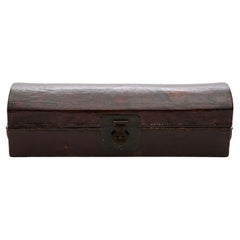 Antique Chinese Burgundy Lacquer Pillow Chest with Leather and Metal Details