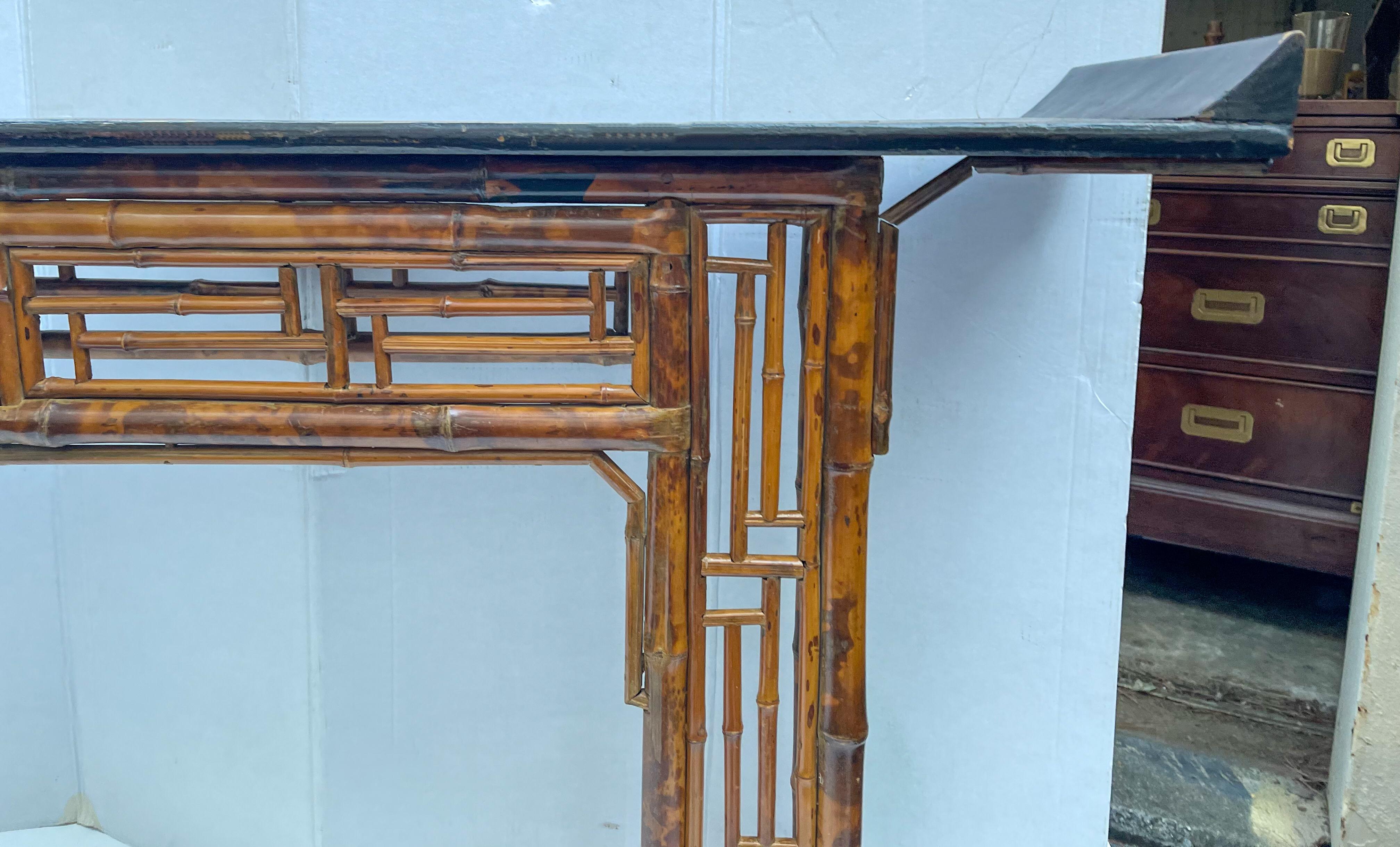 Antique Chinese Burnt Bamboo Alter Table with Chinese Chippendale Styling 1