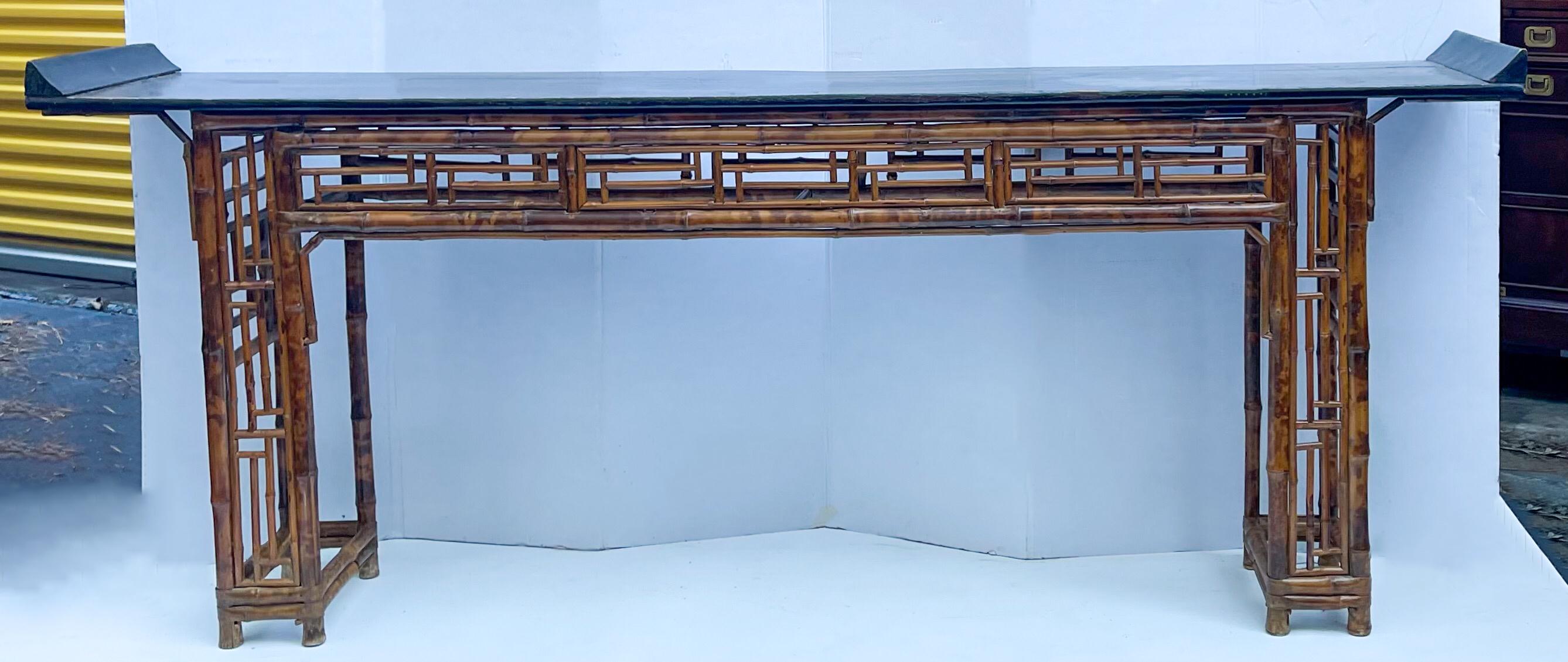 Antique Chinese Burnt Bamboo Alter Table with Chinese Chippendale Styling 2