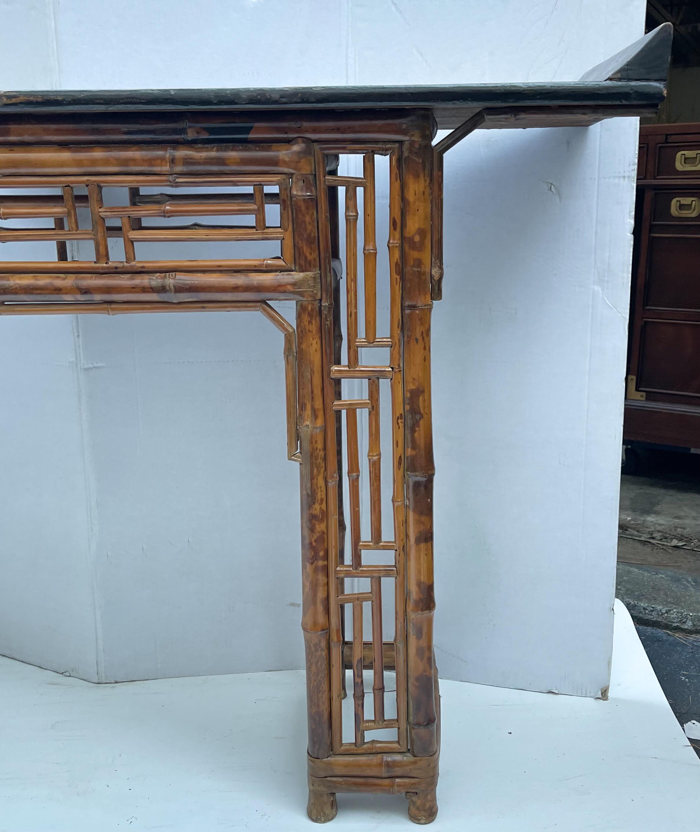 Antique Chinese Burnt Bamboo Alter Table with Chinese Chippendale Styling 4