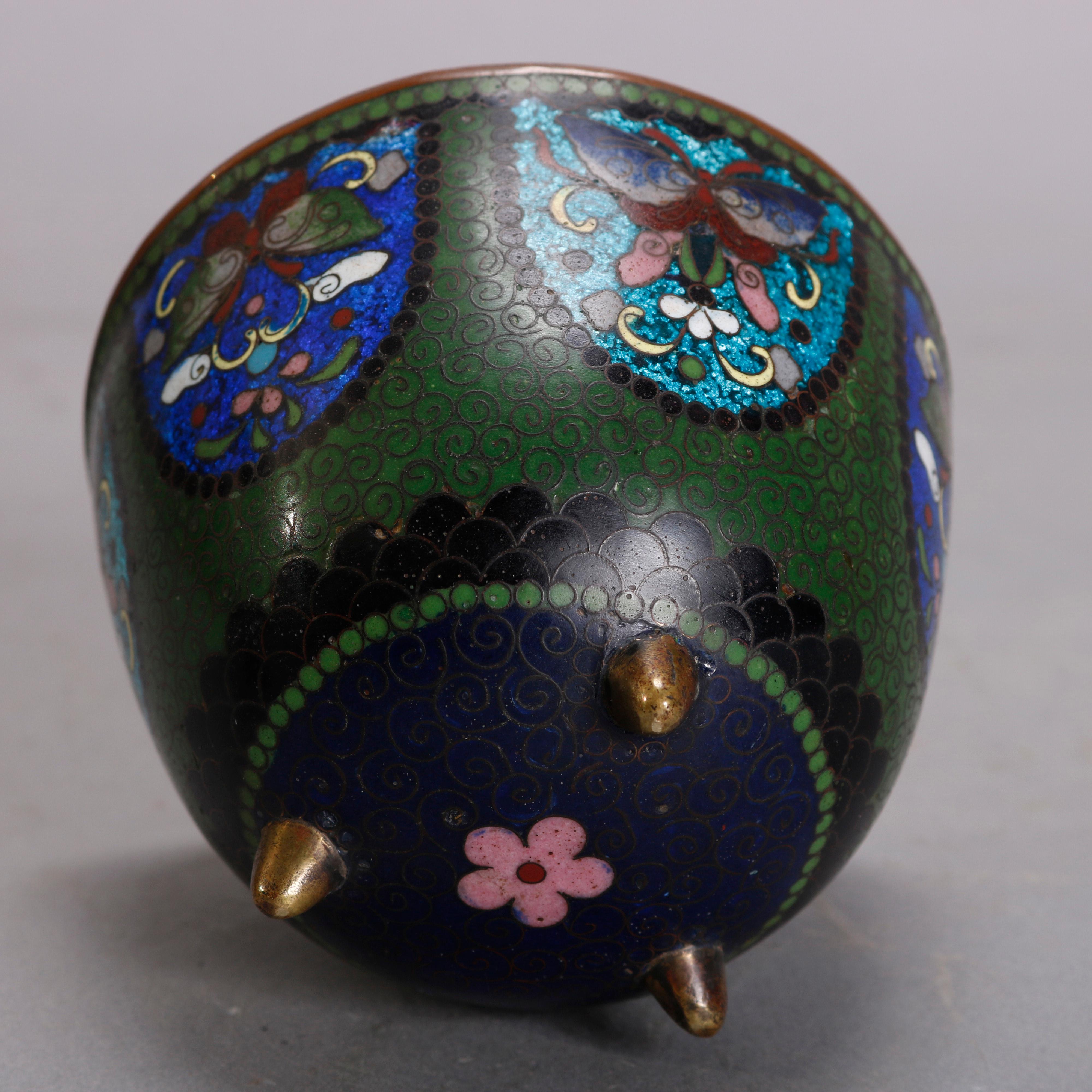 Antique Chinese Butterfly Cloisonne Enameled Lidded Server, circa 1900 In Good Condition In Big Flats, NY