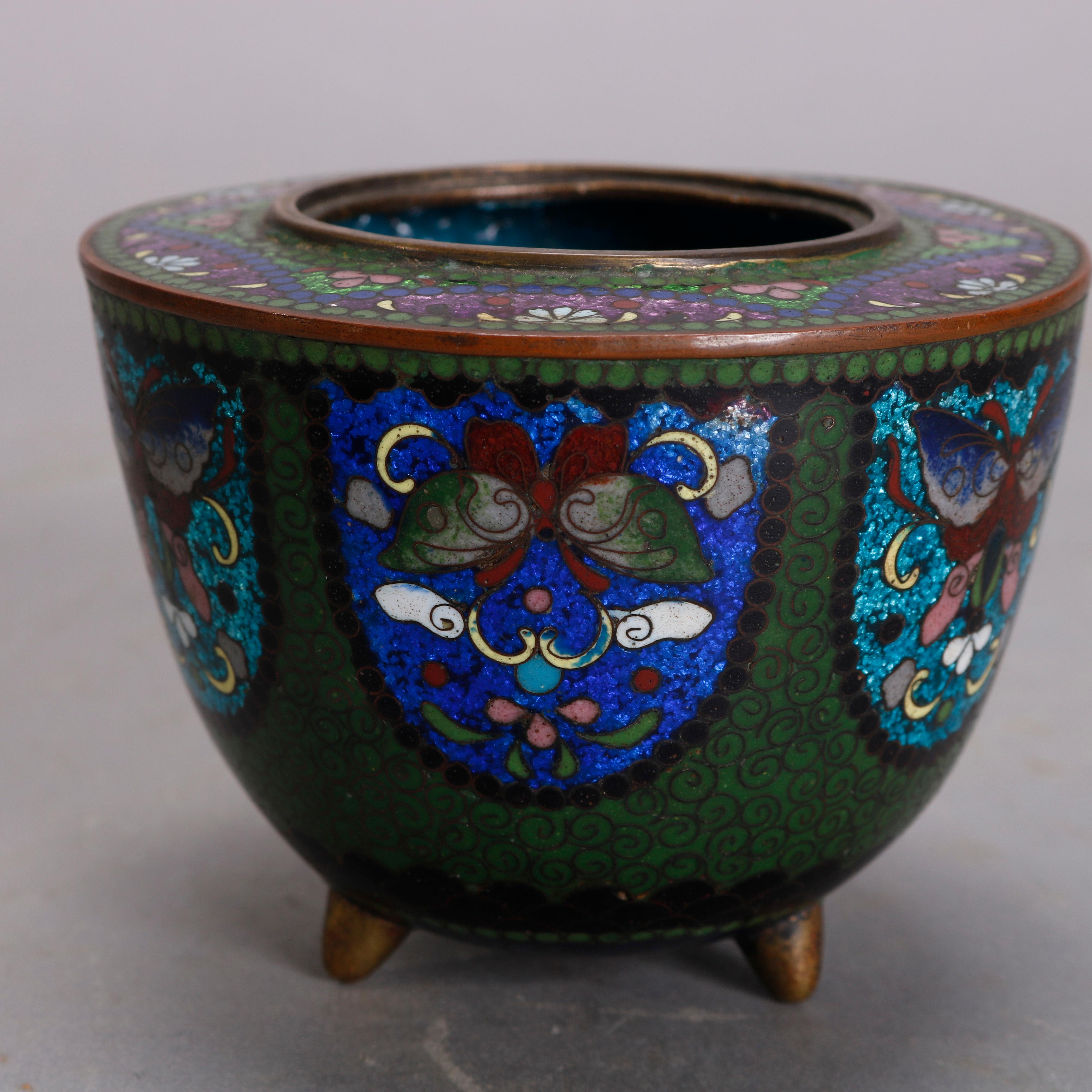 20th Century Antique Chinese Butterfly Cloisonne Enameled Lidded Server, circa 1900