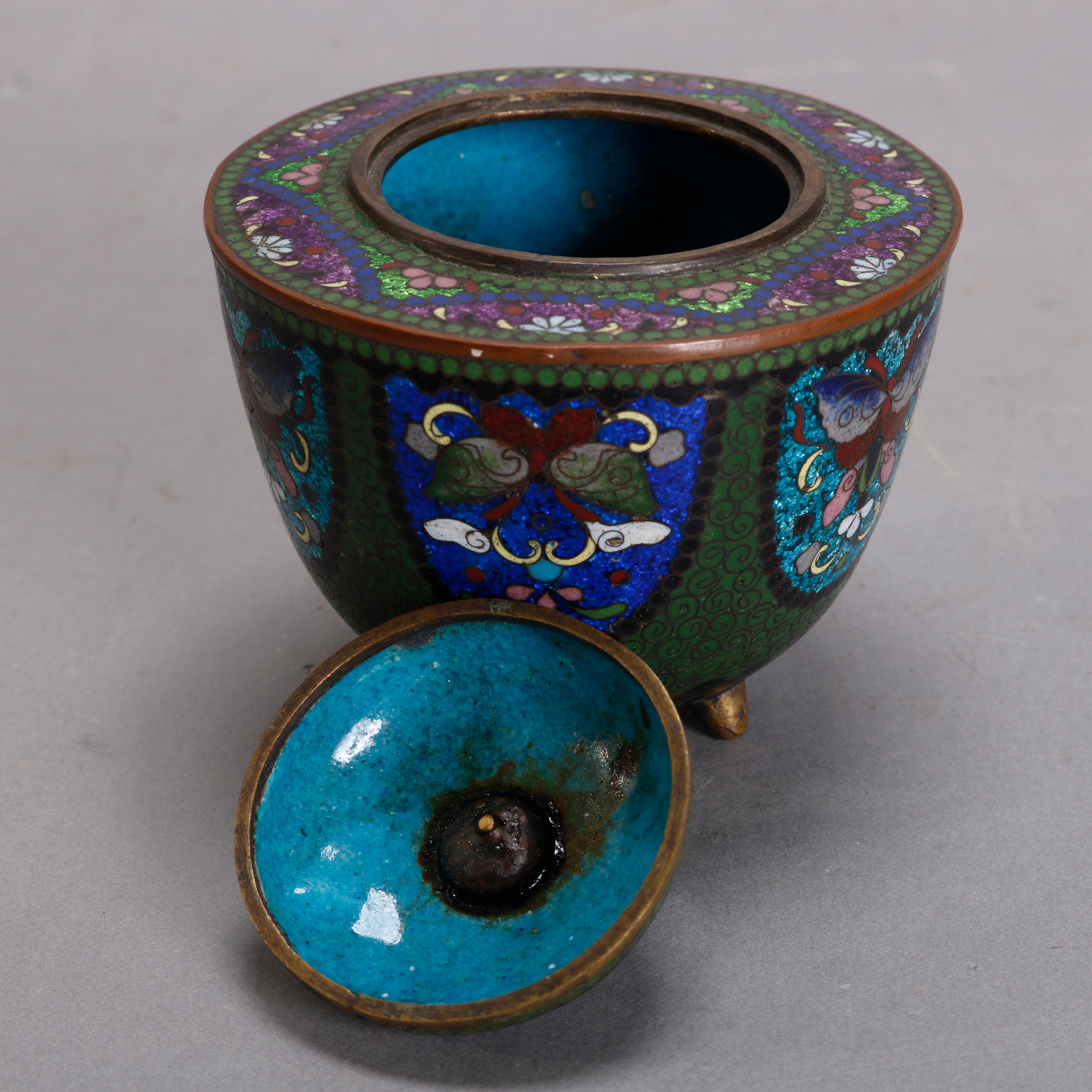 Bronze Antique Chinese Butterfly Cloisonne Enameled Lidded Server, circa 1900