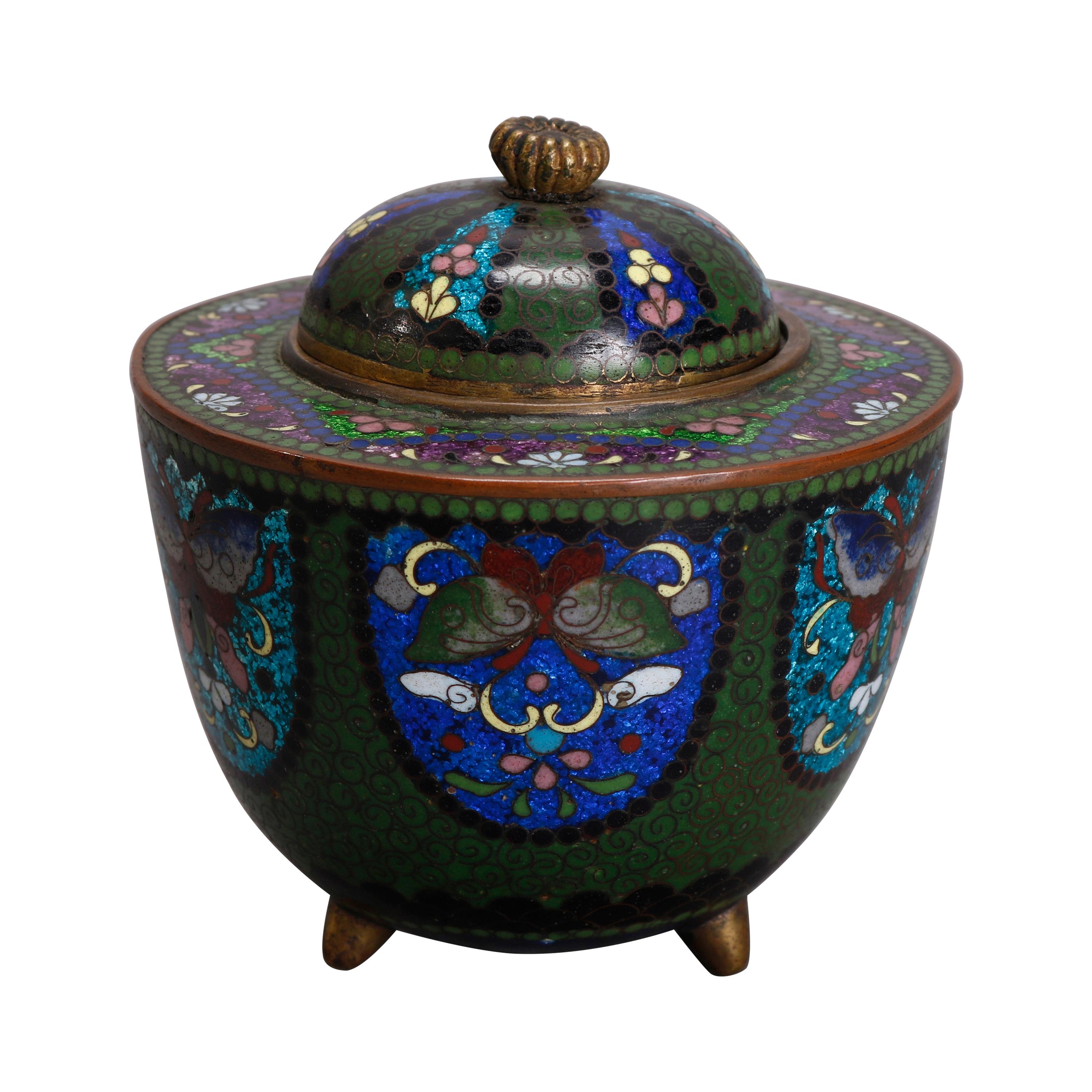 Antique Chinese Butterfly Cloisonne Enameled Lidded Server, circa 1900