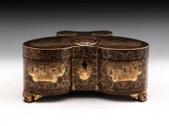 Antique Chinese Butterfly Lacquer Tea Caddy Tea Chest, 19th Century