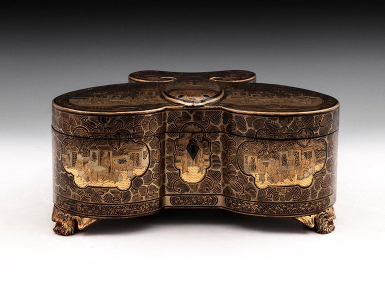 Antique Chinese Butterfly Lacquer Tea Caddy Tea Chest, 19th Century For