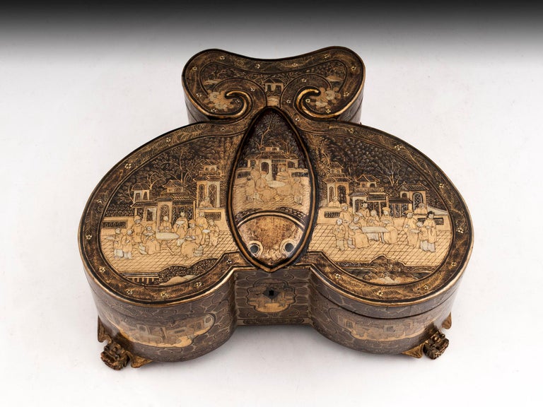 Antique Chinese Butterfly Lacquer Tea Caddy Tea Chest, 19th Century For