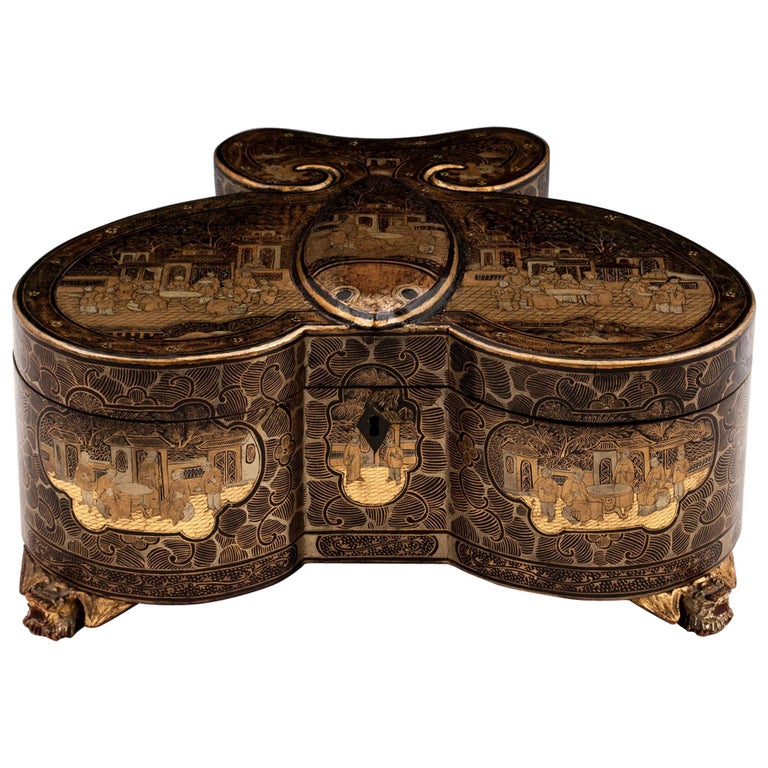 Antique Chinese Butterfly Lacquer Tea Caddy Tea Chest, 19th Century For