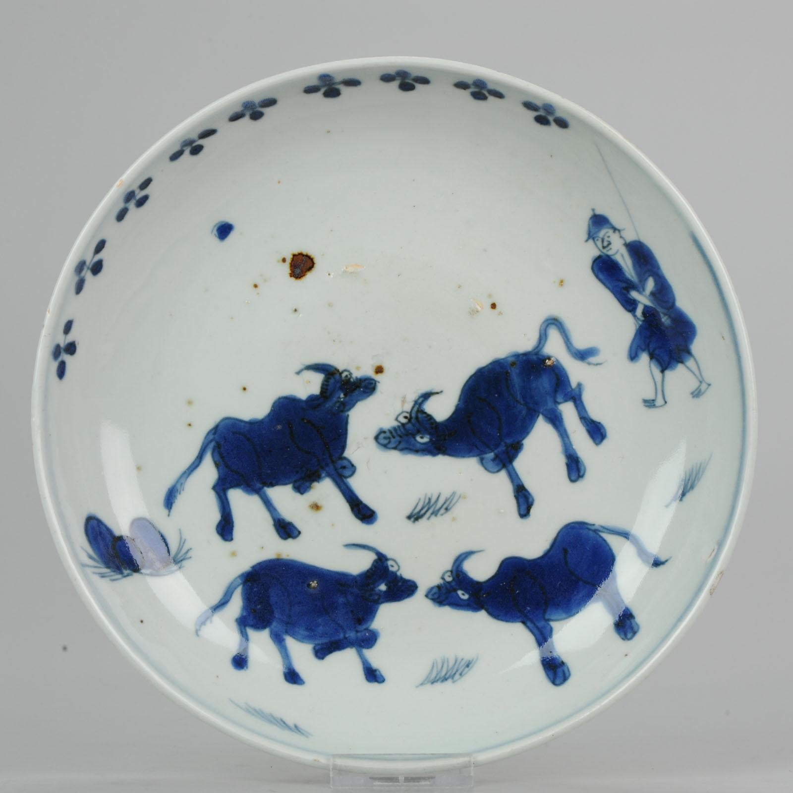18th Century and Earlier Antique Chinese circa 1600-1640 C Porcelain China Plate Cows and Shepperd For Sale