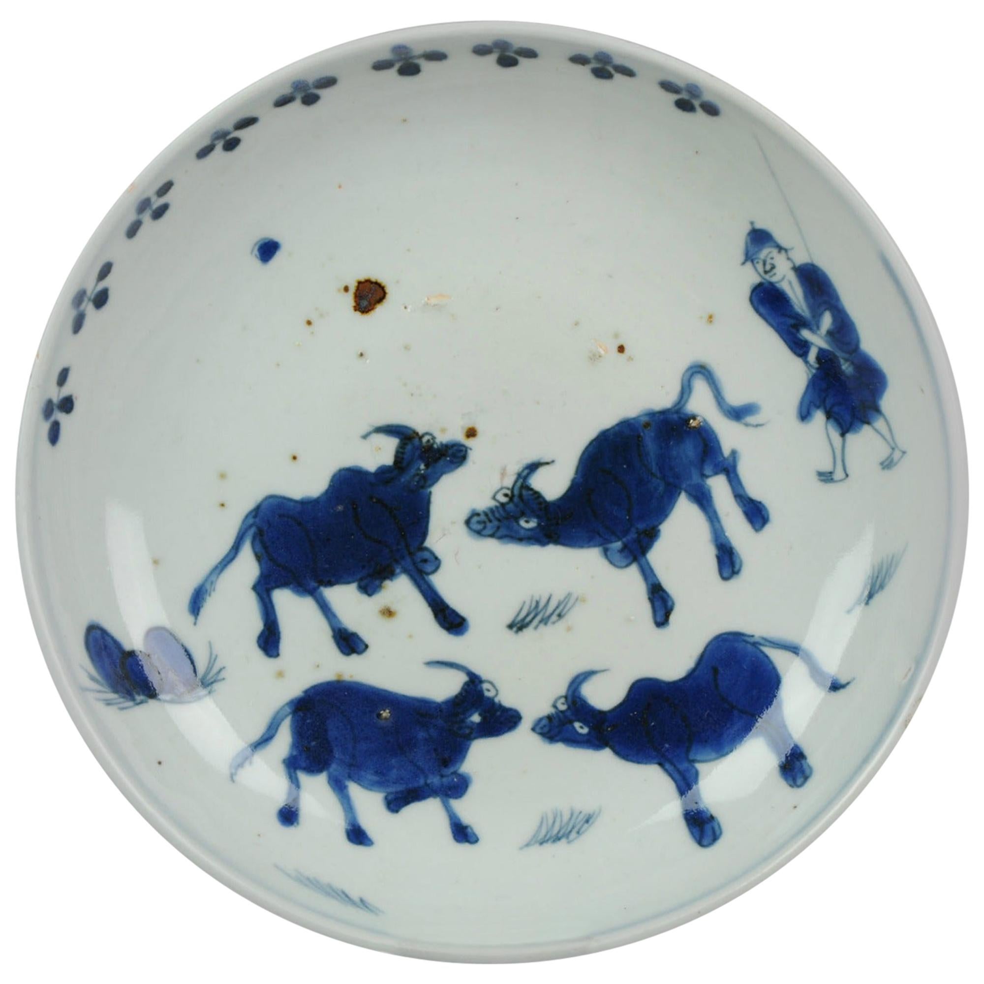 Antique Chinese circa 1600-1640 C Porcelain China Plate Cows and Shepperd For Sale