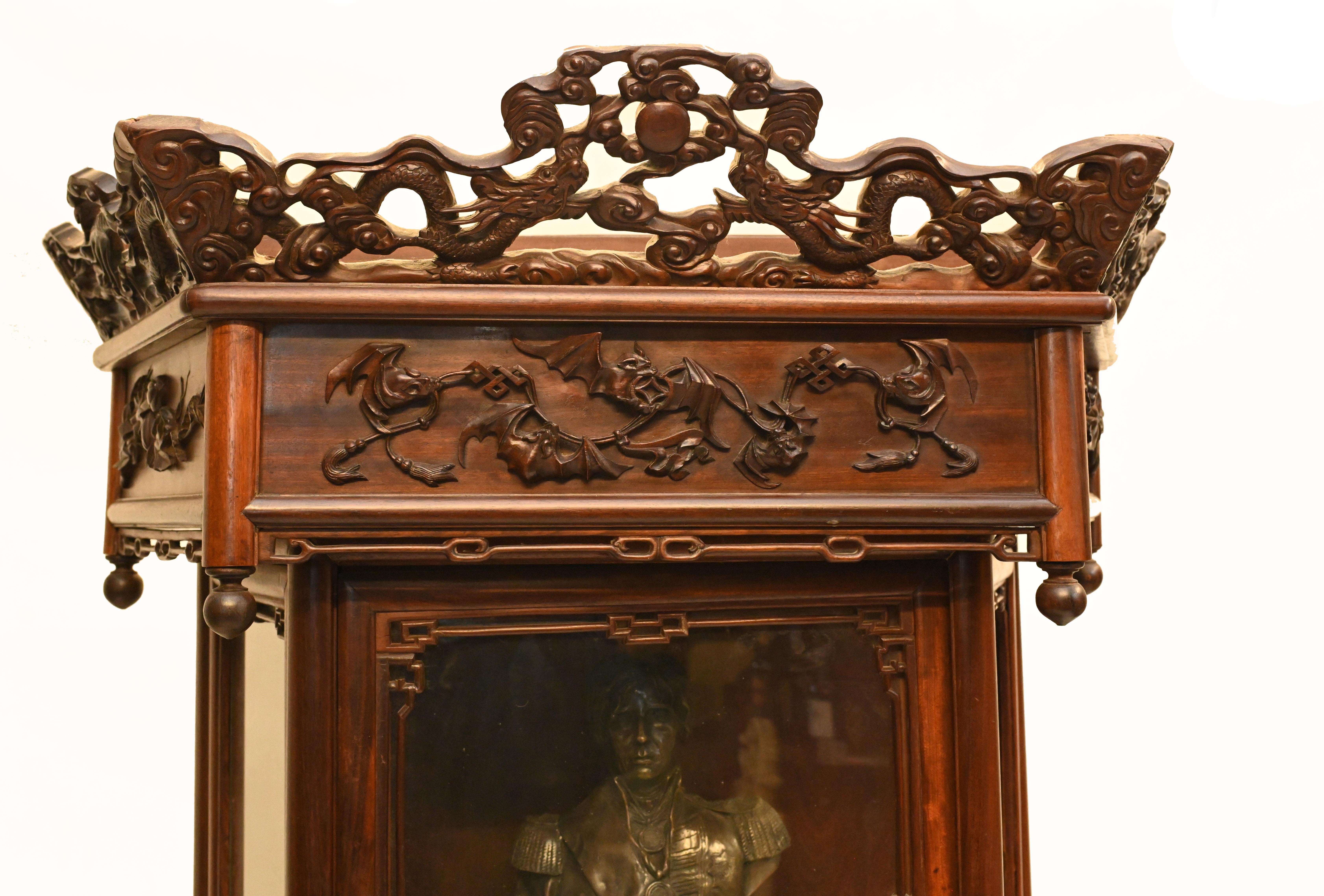 Antique Chinese Cabinet Bookcase Padouk Hand Carved Display Relief Carving 1890 In Good Condition In Potters Bar, GB