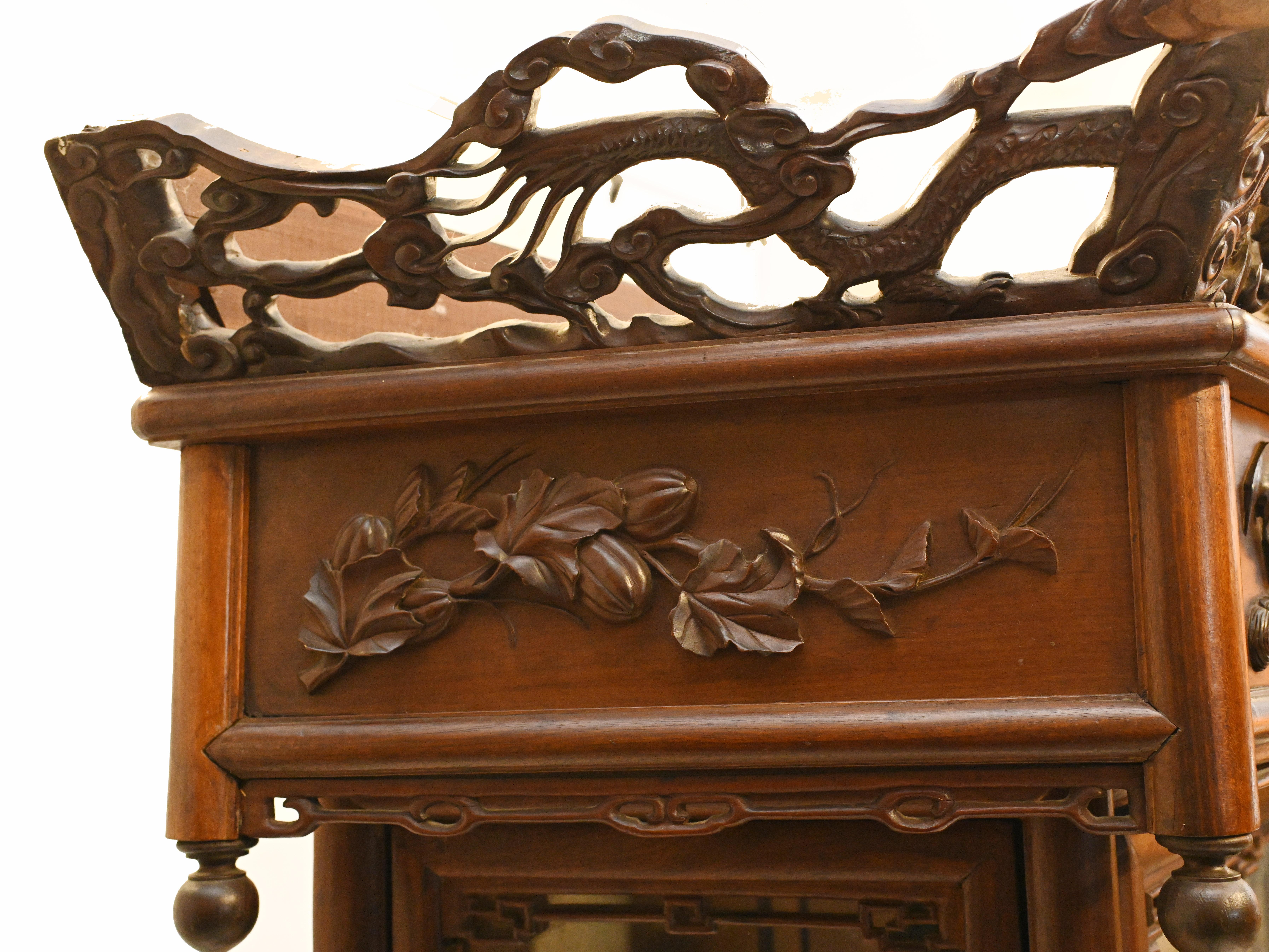 Antique Chinese Cabinet Bookcase Padouk Hand Carved Display Relief Carving 1890 1