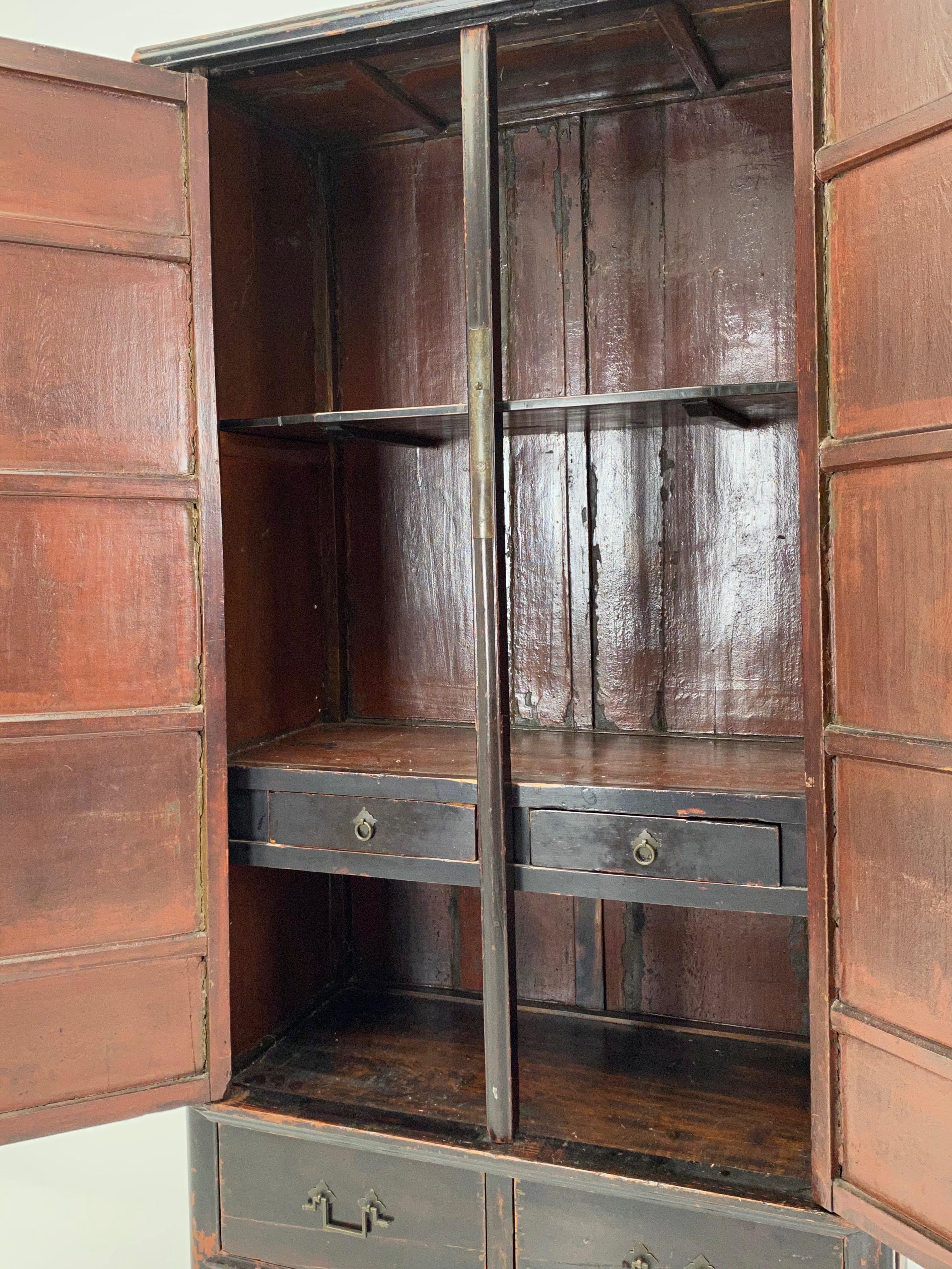Polished Antique Chinese Cabinet, Wardrobe in Dark Elm wood.  For Sale