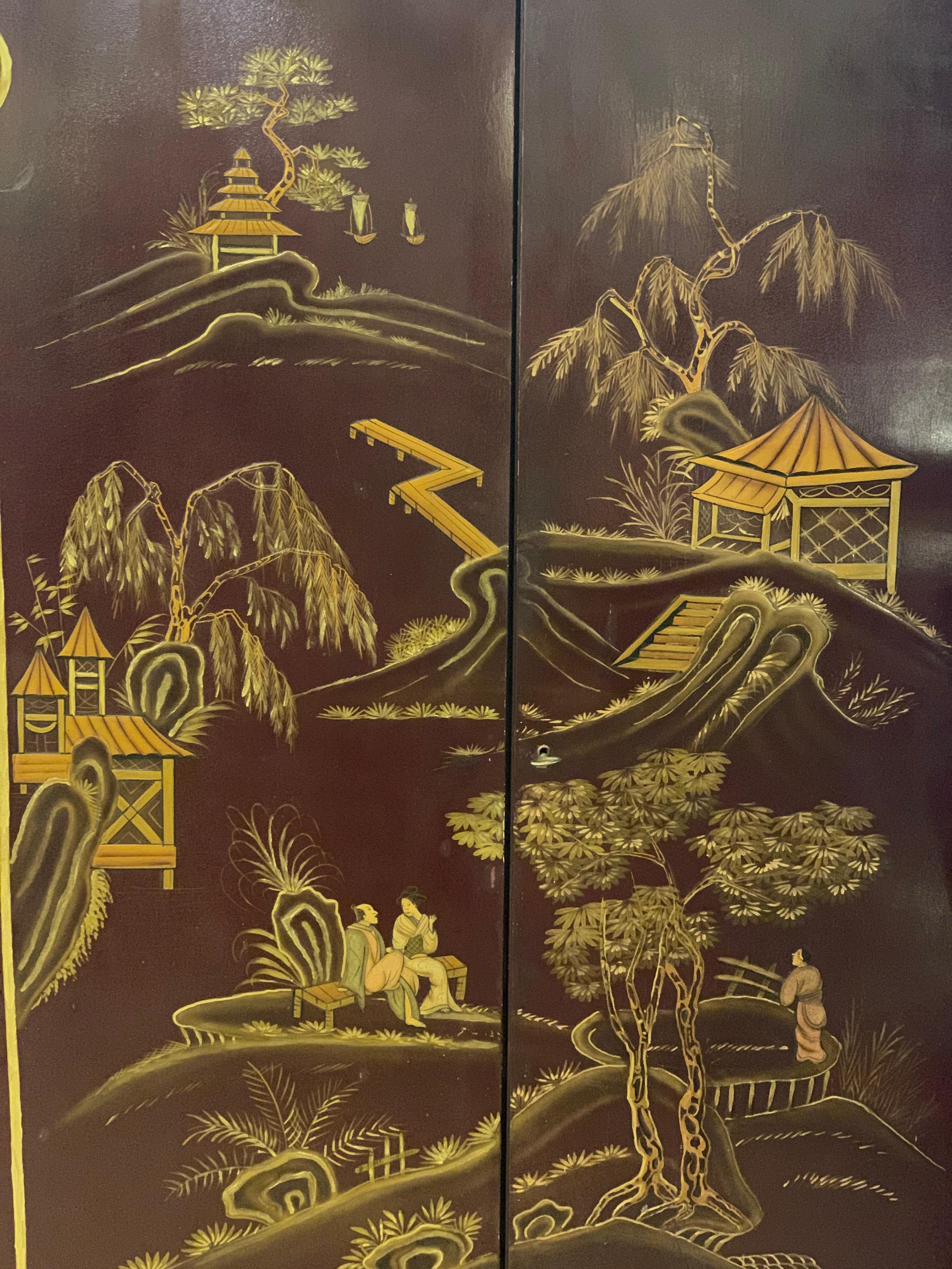 Wood Antique English Chinoiserie Storage Cabinet with Hand Painted Motifs, Early 1900