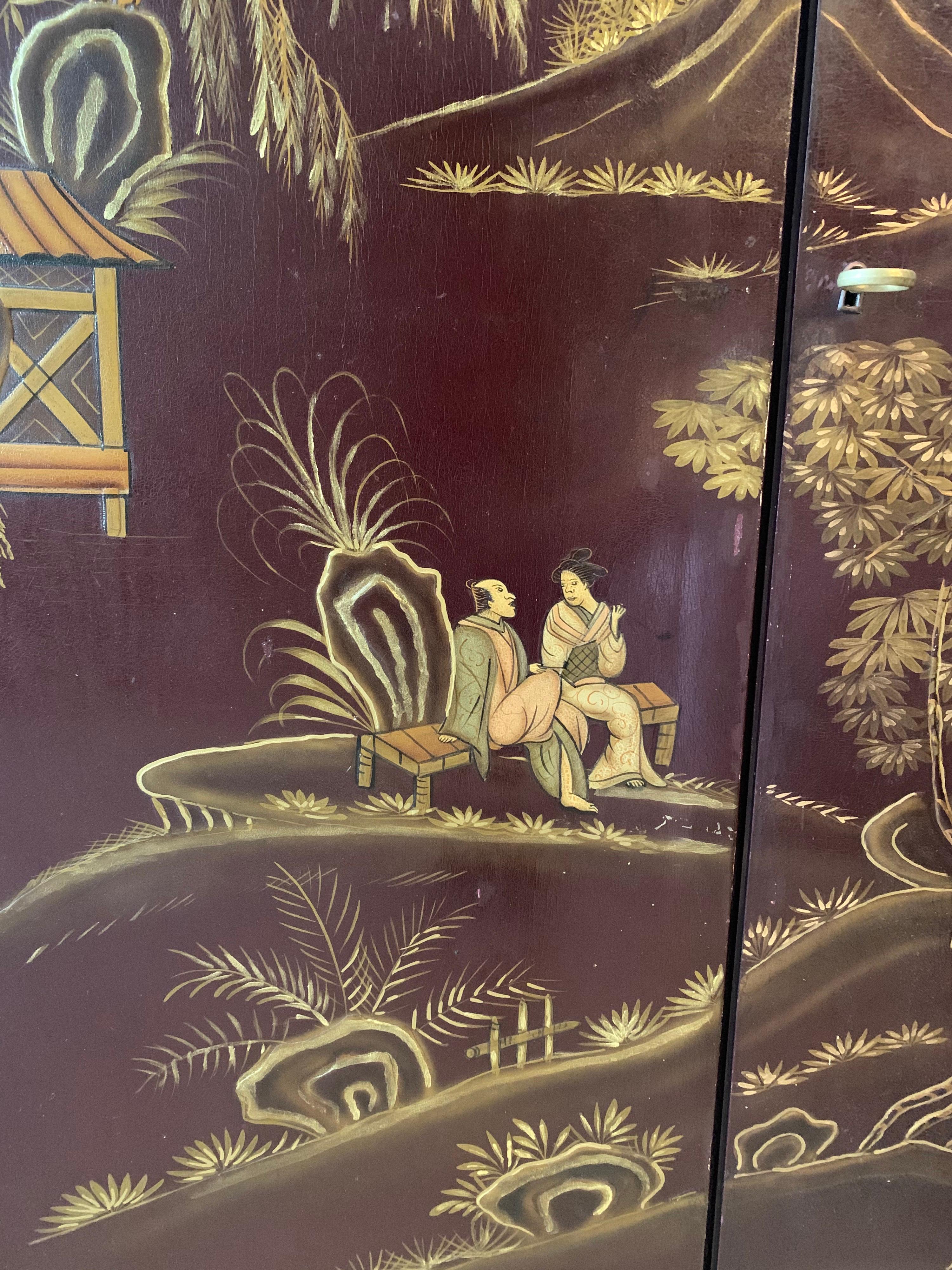 Antique English Chinoiserie Storage Cabinet with Hand Painted Motifs, Early 1900 2
