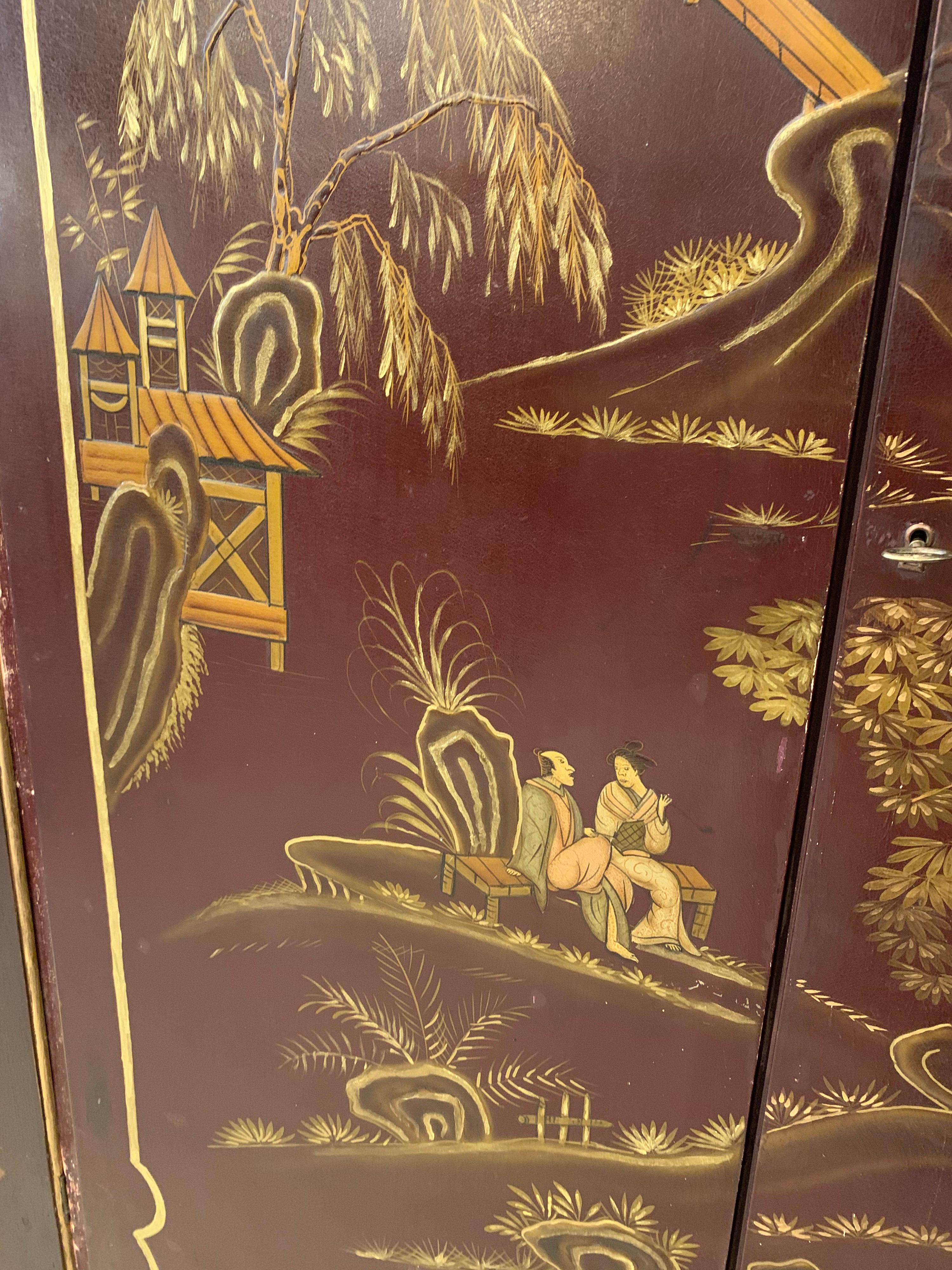 Chinese Antique English Chinoiserie Storage Cabinet with Hand Painted Motifs, Early 1900