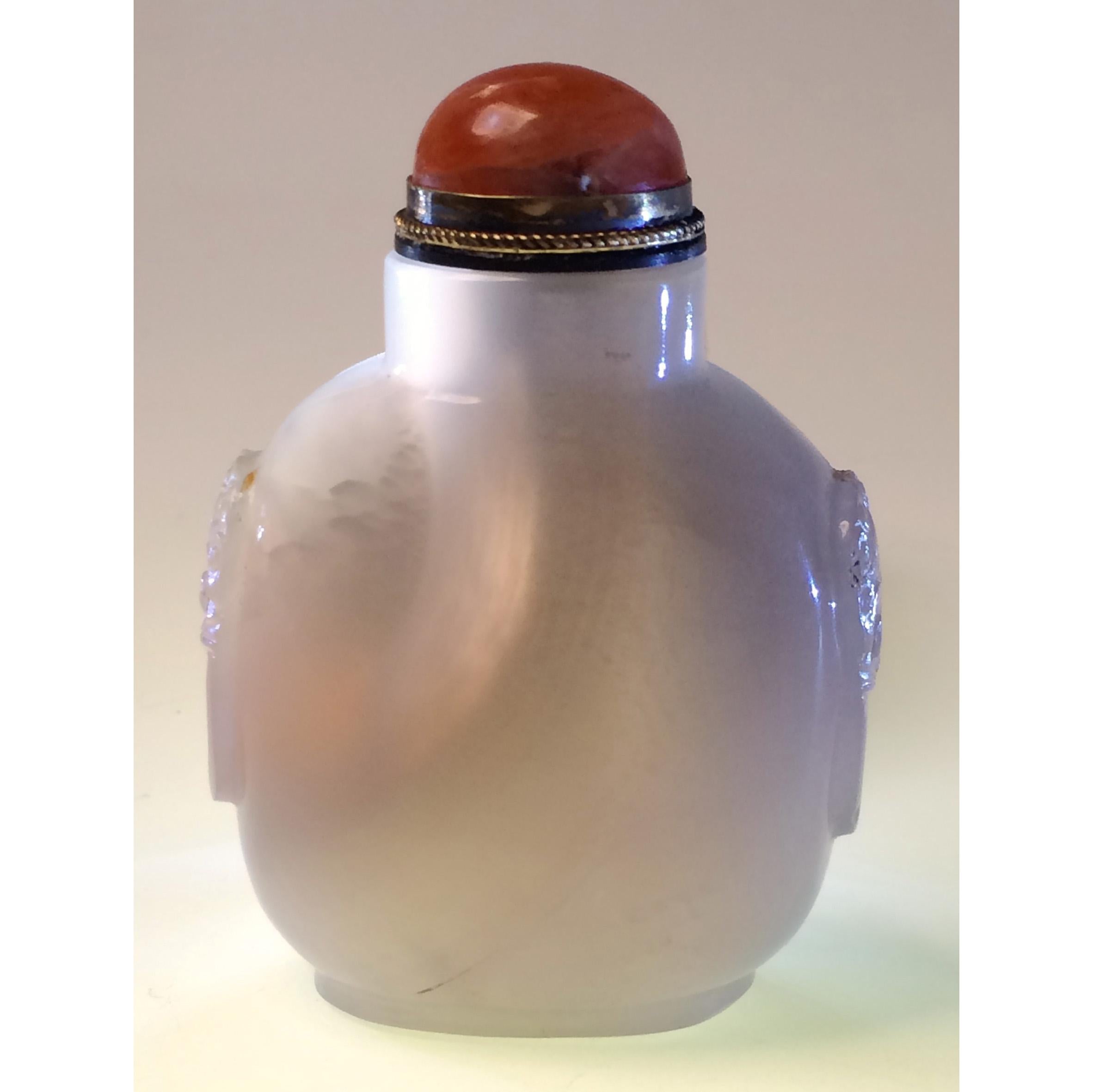 Antique Chinese cameo agate snuff bottle, rounded square from with raised foot rim and round neck, concave mouth rim, narrow mouth, well hollowed depicting a horse, bee and a monkey (all symbolic of a wish for a promotion) in relief on the front
