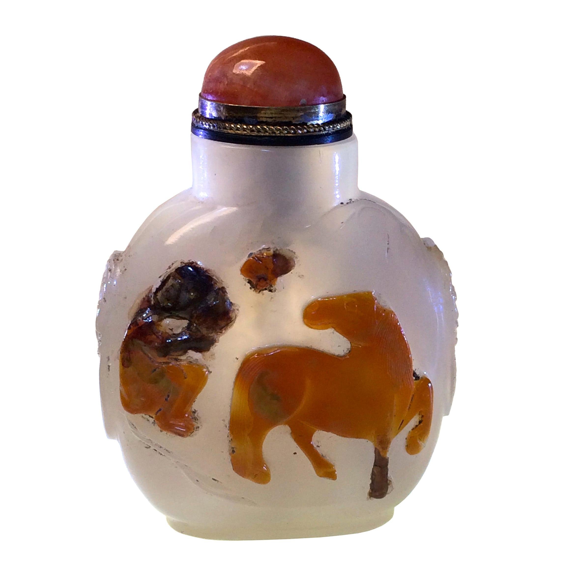 Antique Chinese Cameo Agate Snuff Bottle, Horse, Monkey & Bee For Sale