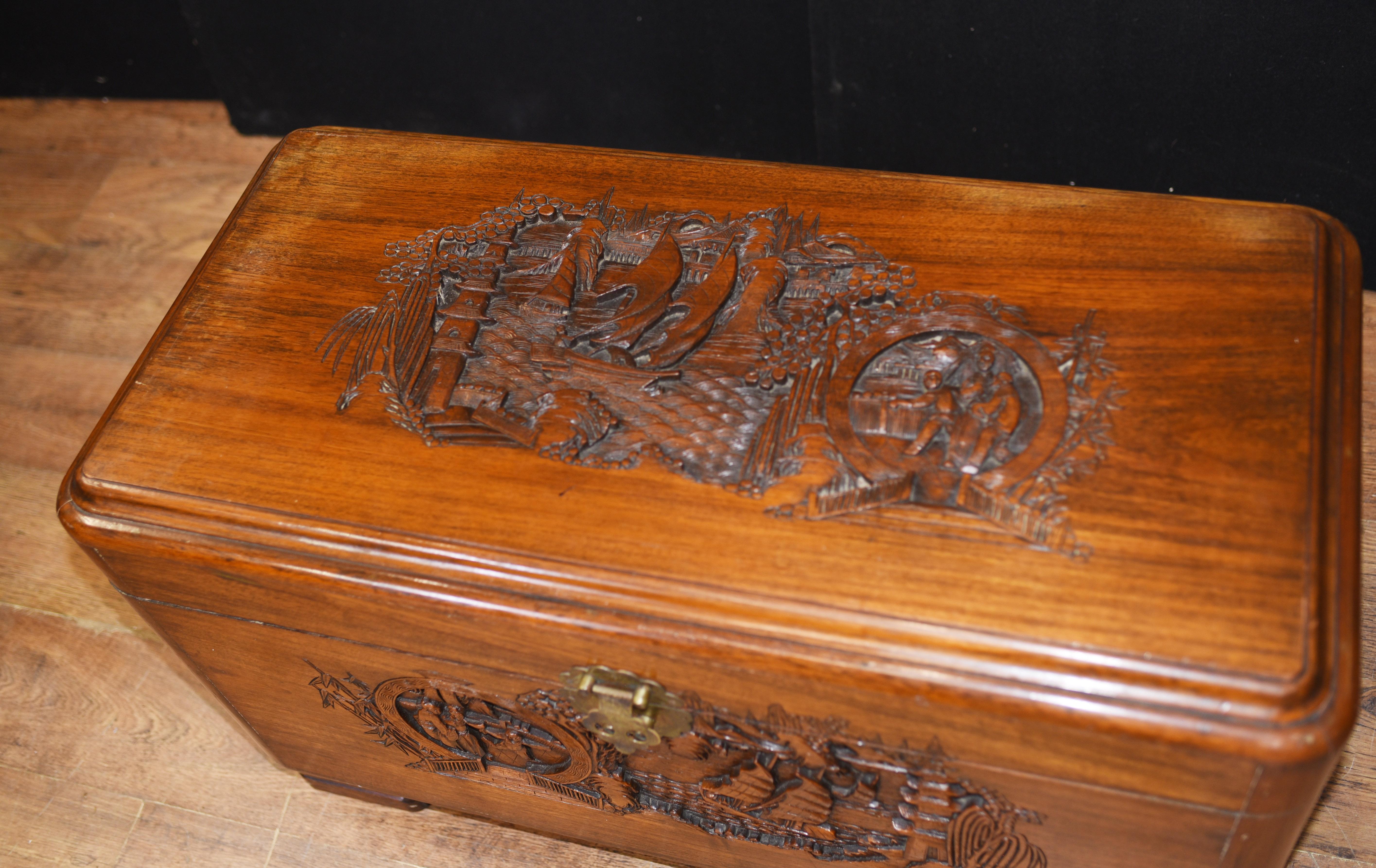 Antique Chinese Camphor Chest, Hand Carved Trunk, Circa 1920 In Good Condition In Potters Bar, GB