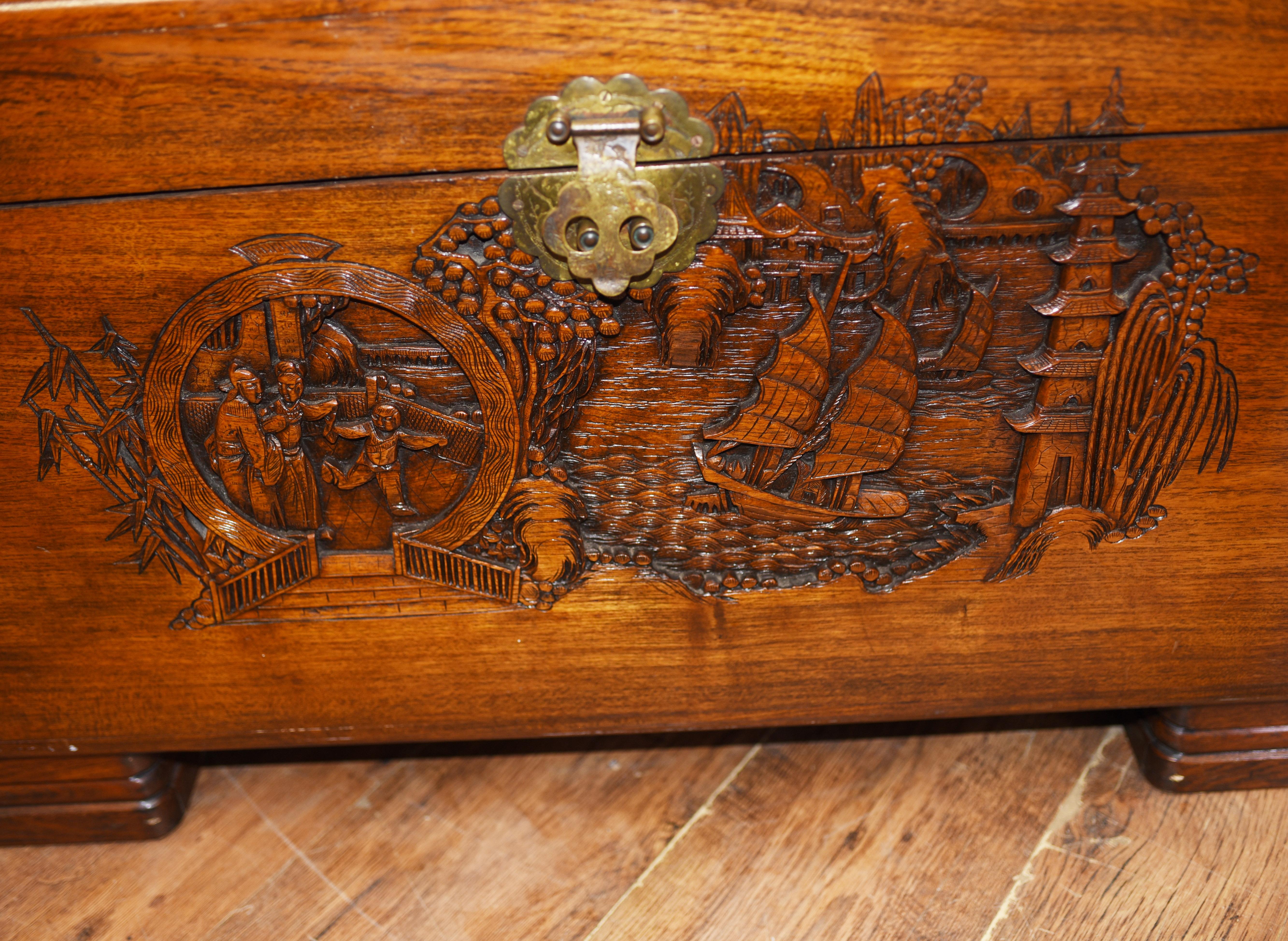 Antique Chinese Camphor Chest, Hand Carved Trunk, Circa 1920 1