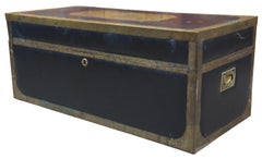 Antique Chinese Camphor Leather and Brass Footlocker Trunk Storage Chest Box