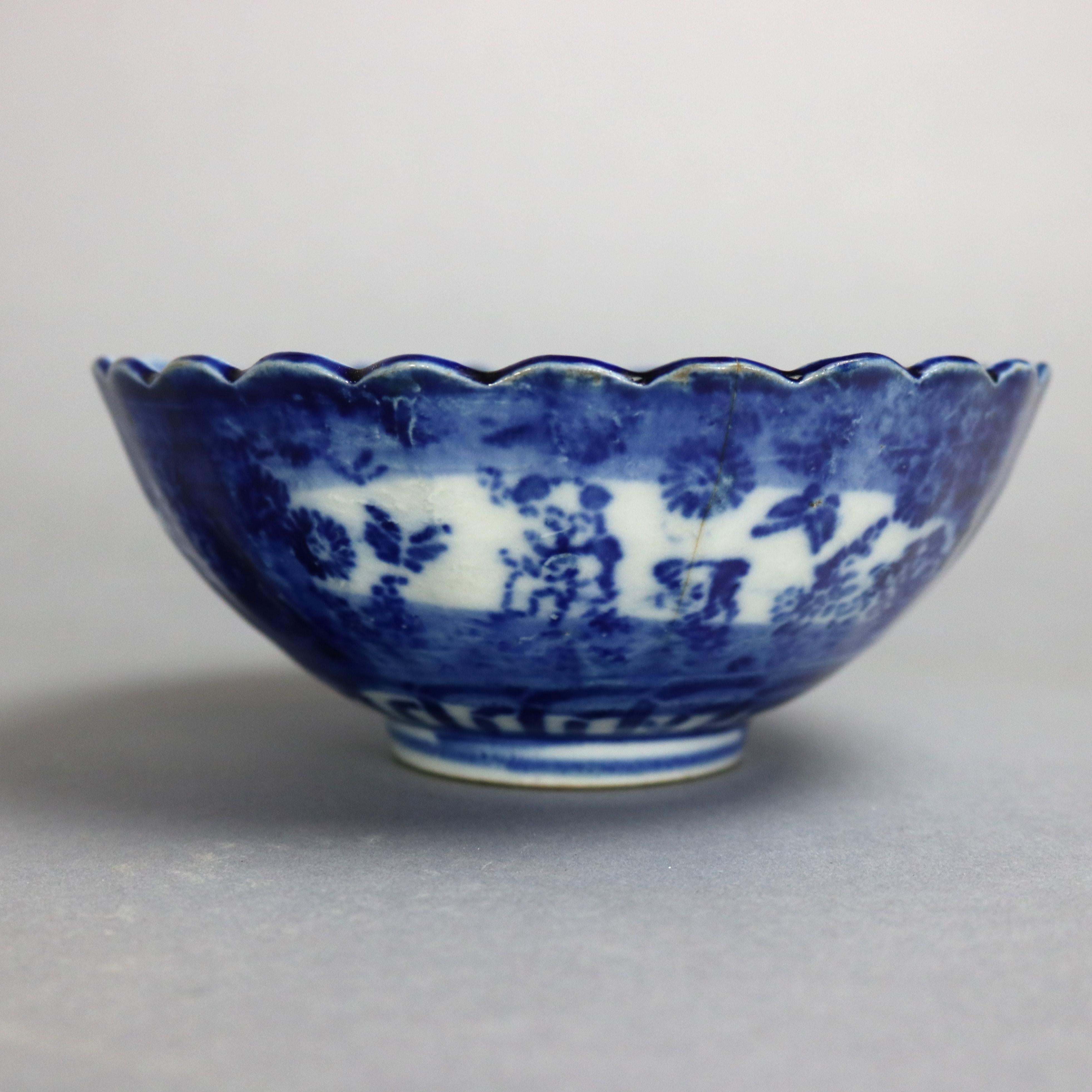 Antique Chinese Canton Blue and White Porcelain Bowl, 19th Century In Good Condition In Big Flats, NY