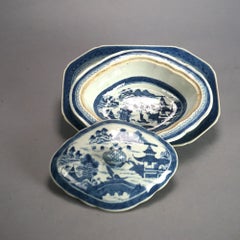 Antique Chinese Canton Blue & White Porcelain Covered Dish & Platter C1880