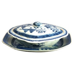Antique Chinese Canton Blue & White Porcelain Covered Dish & Platter C1880