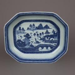 Antique Chinese Canton Blue & White Scenic Porcelain Platter 19th C