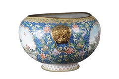 Antique Chinese Canton Enamel on Copper Jaridiniere Fish Bowl Gilt Metal Handles