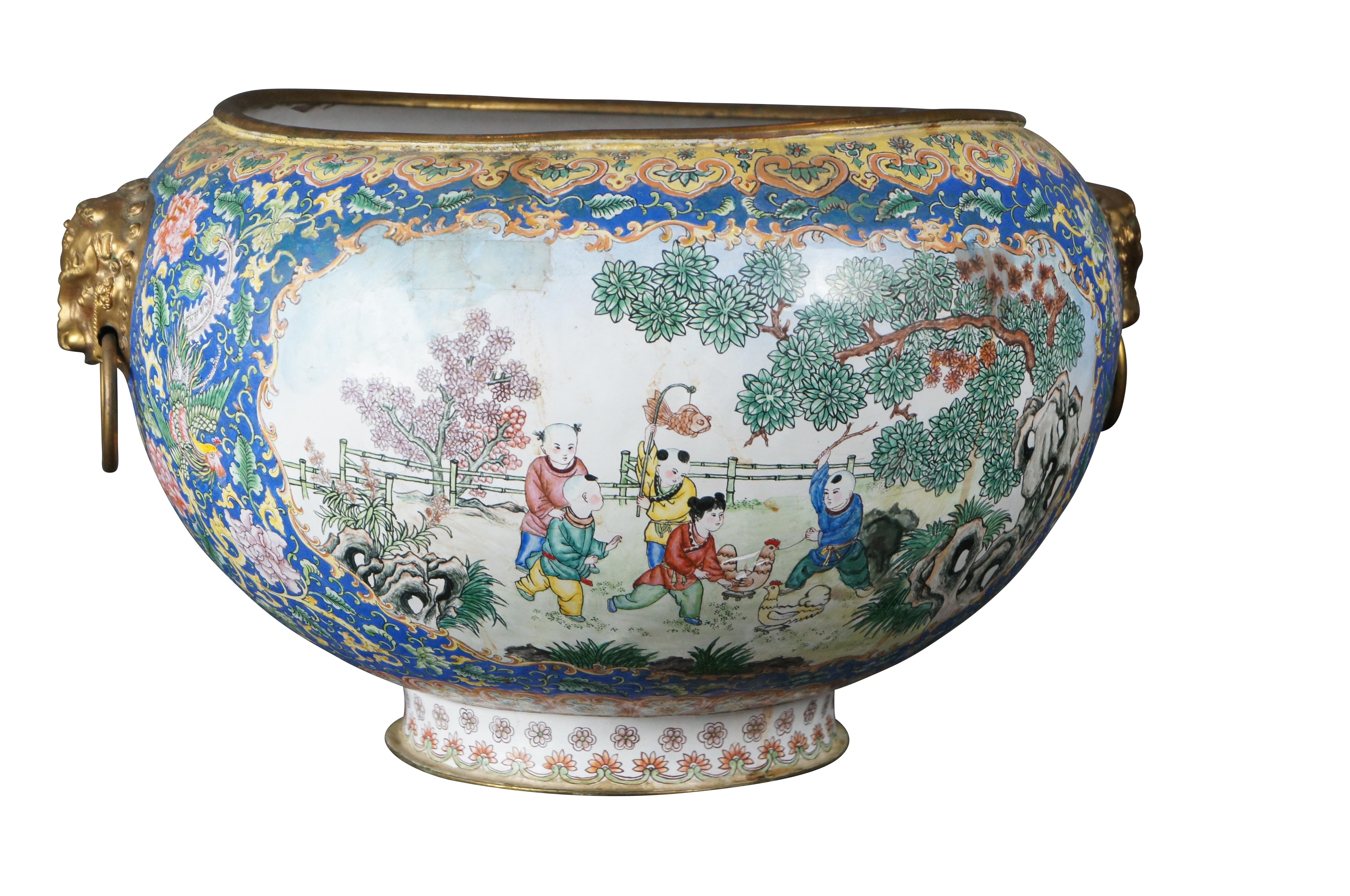 Chinoiserie Antique Chinese Canton Enamel on Copper Jaridiniere Fish Bowl Gilt Metal Handles For Sale