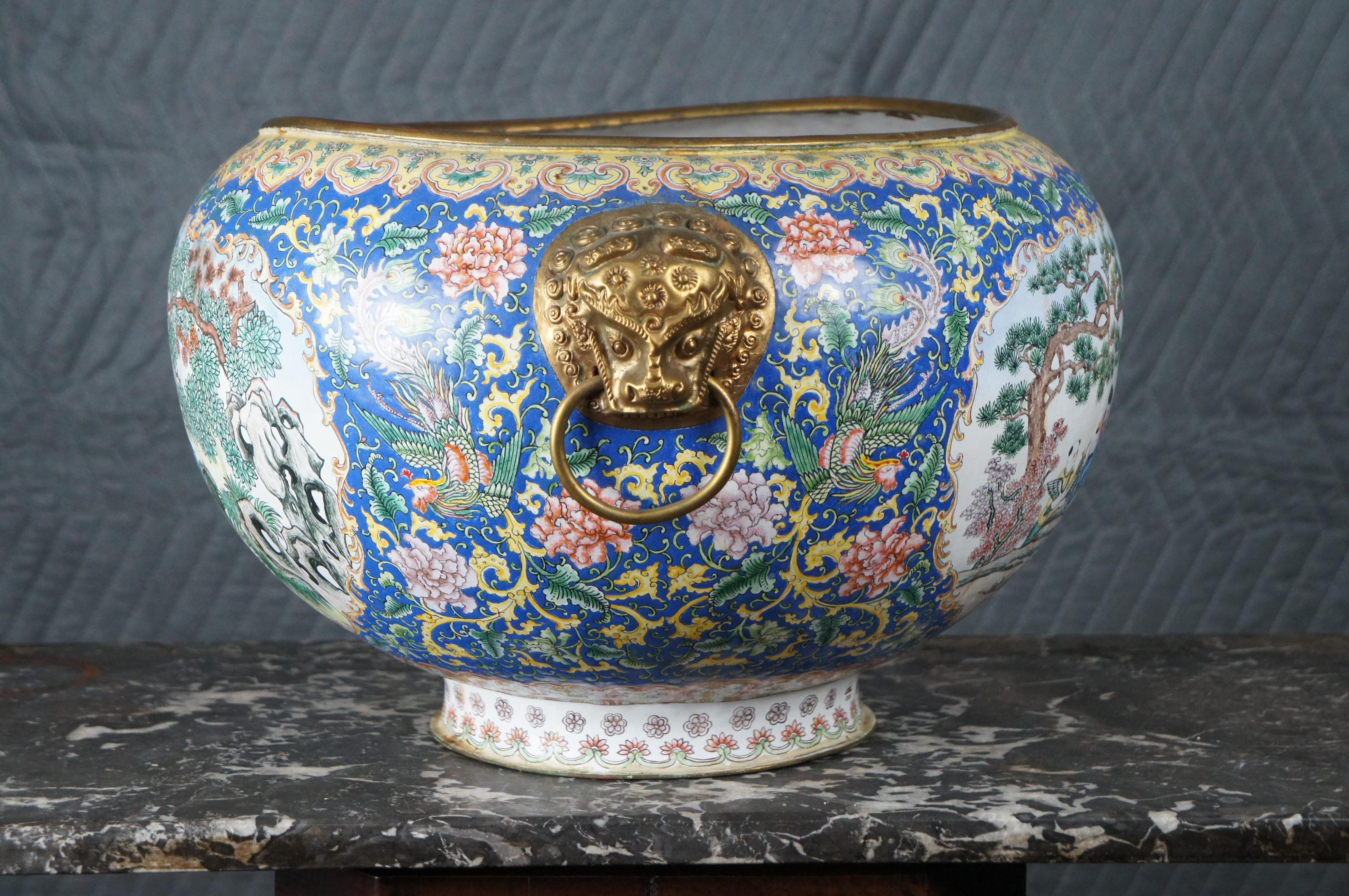 Antique Chinese Canton Enamel on Copper Jaridiniere Fish Bowl Gilt Metal Handles In Good Condition For Sale In Dayton, OH