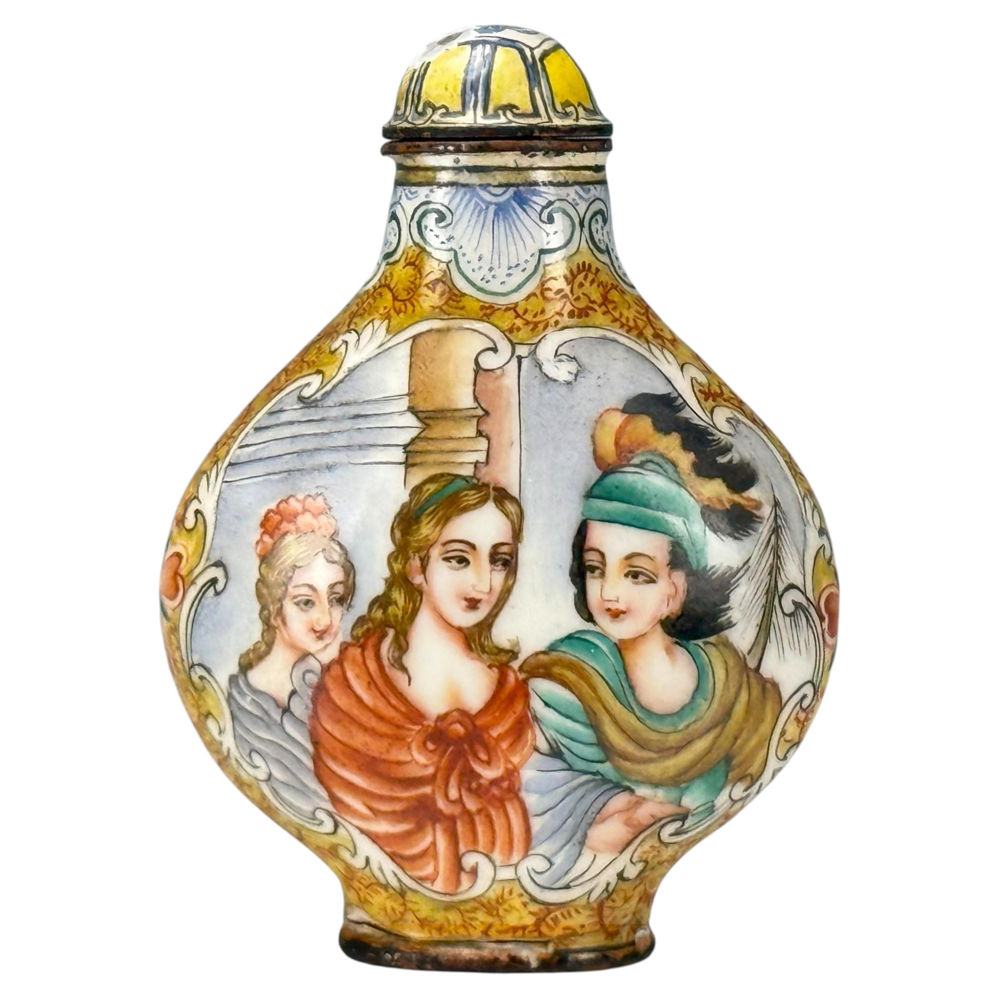 Antigua botella de rapé china de cobre esmaltado de Cantón, marca Qianlong