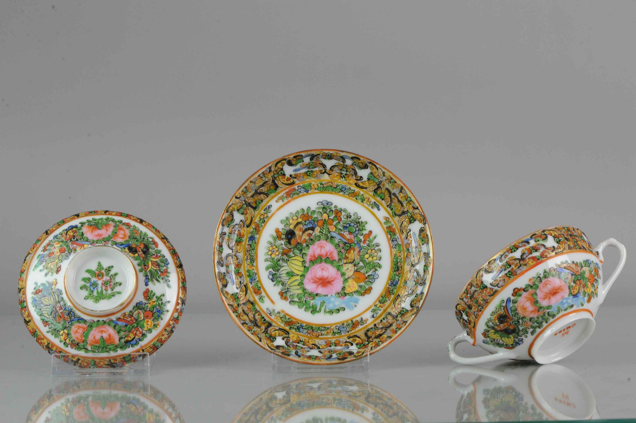 Antique Chinese Canton Lidded Tea Bowl, Flower, Porcelain, Minguo For Sale 11