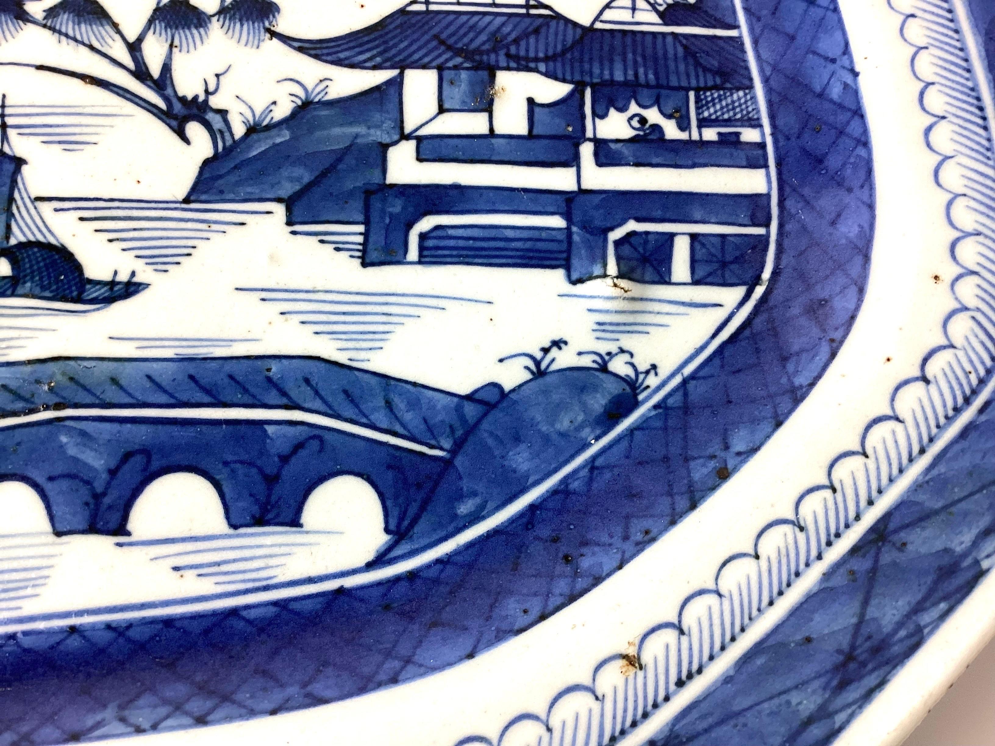 19th Century Antique Chinese Canton Porcelain Blue Export Serving Platter For Sale