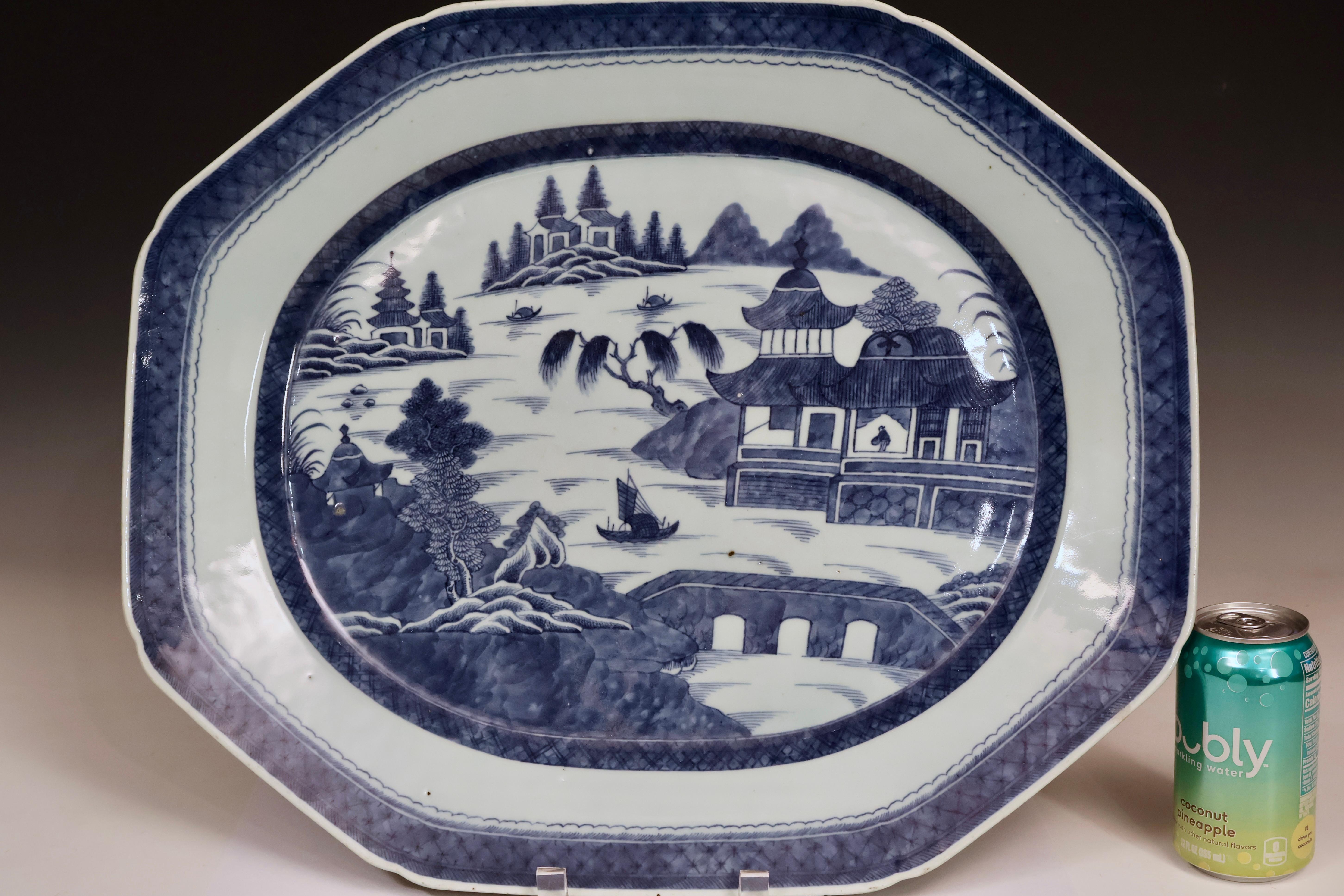 Ancien Canton Chinois X Grand Plat Porcelaine d'Exportation Bleu & Blanc Enorme 20x17