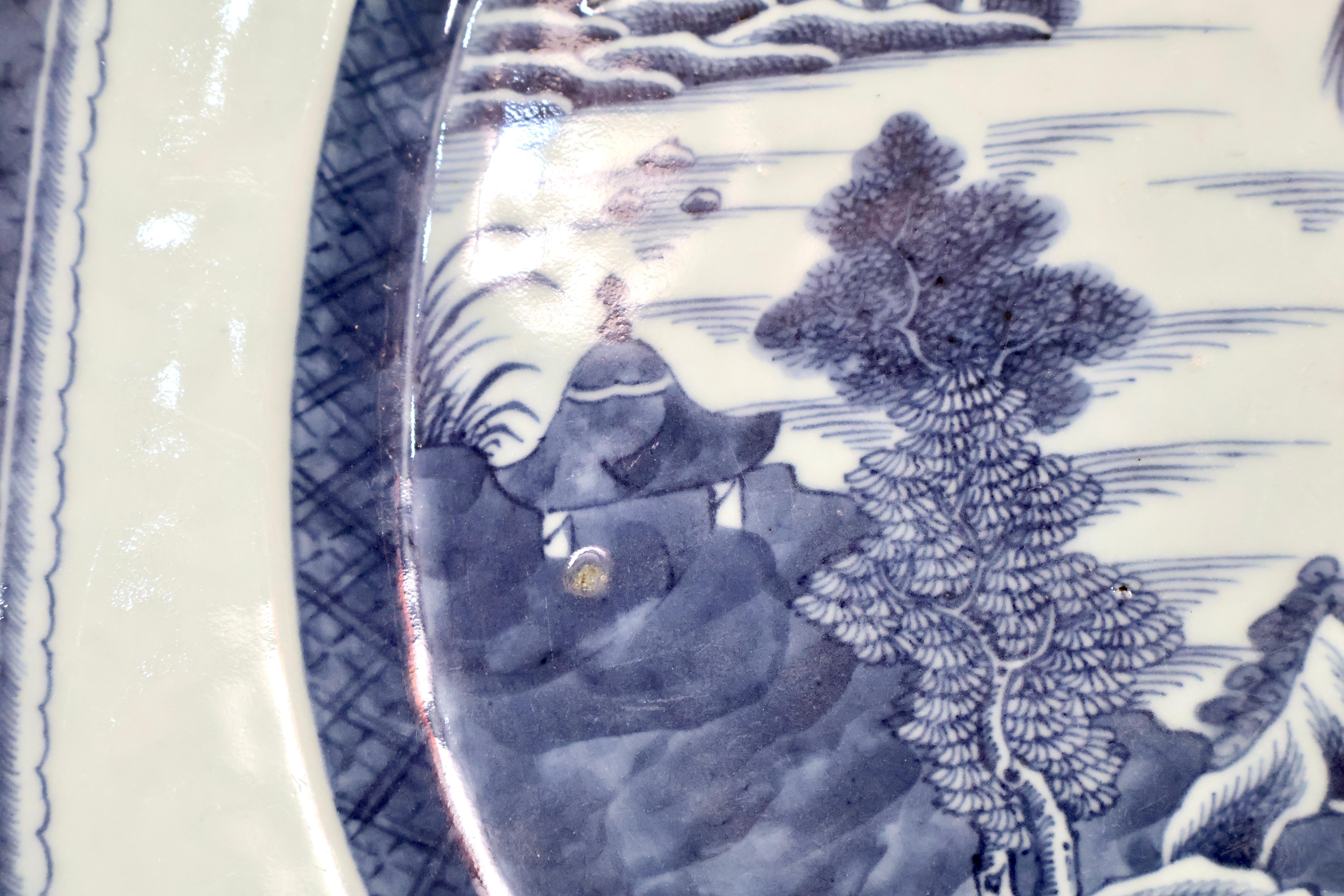 XIXe siècle Ancien Canton Chinois X Grand Plat Porcelaine d'Exportation Bleu & Blanc Enorme 20x17