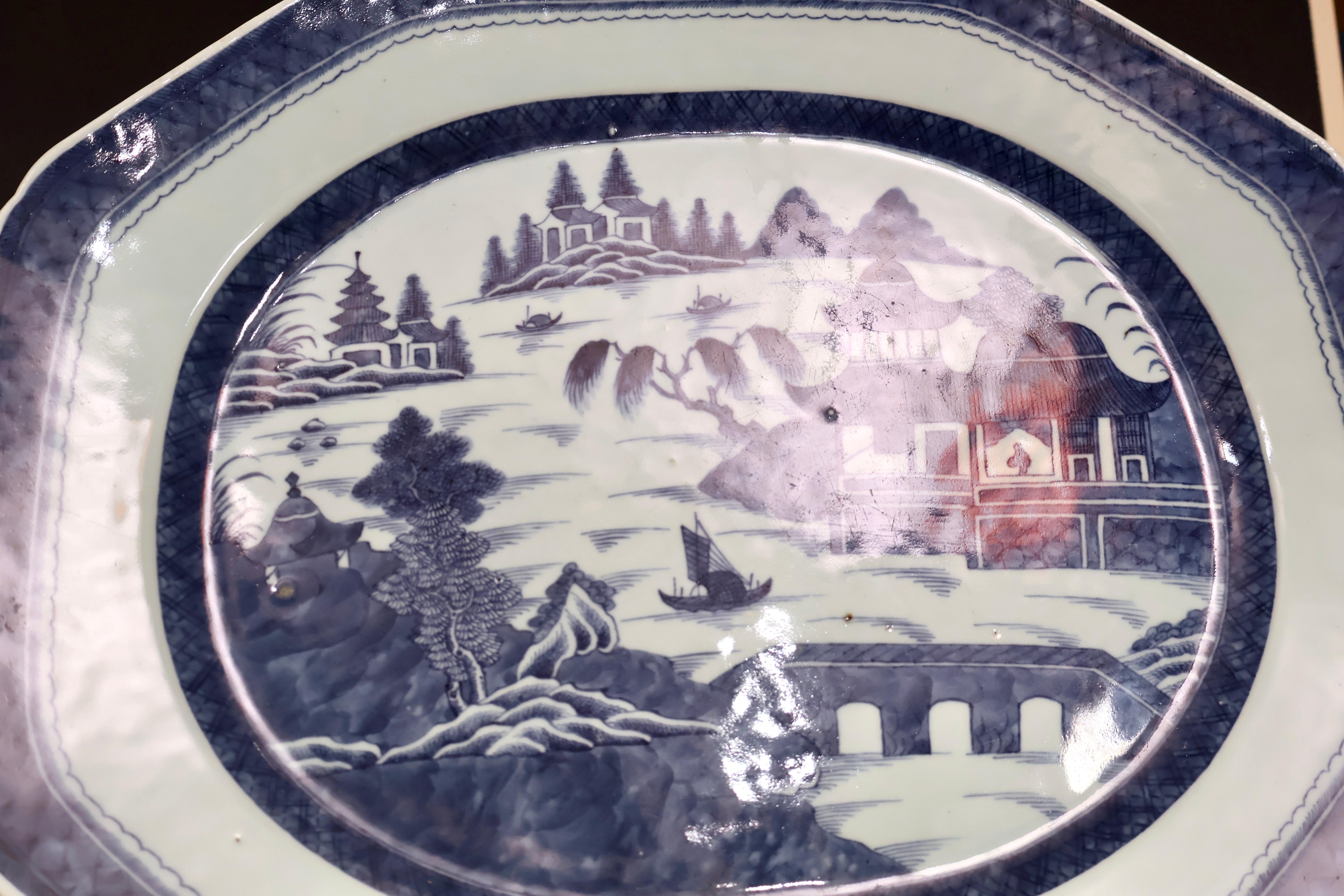 Ancien Canton Chinois X Grand Plat Porcelaine d'Exportation Bleu & Blanc Enorme 20x17