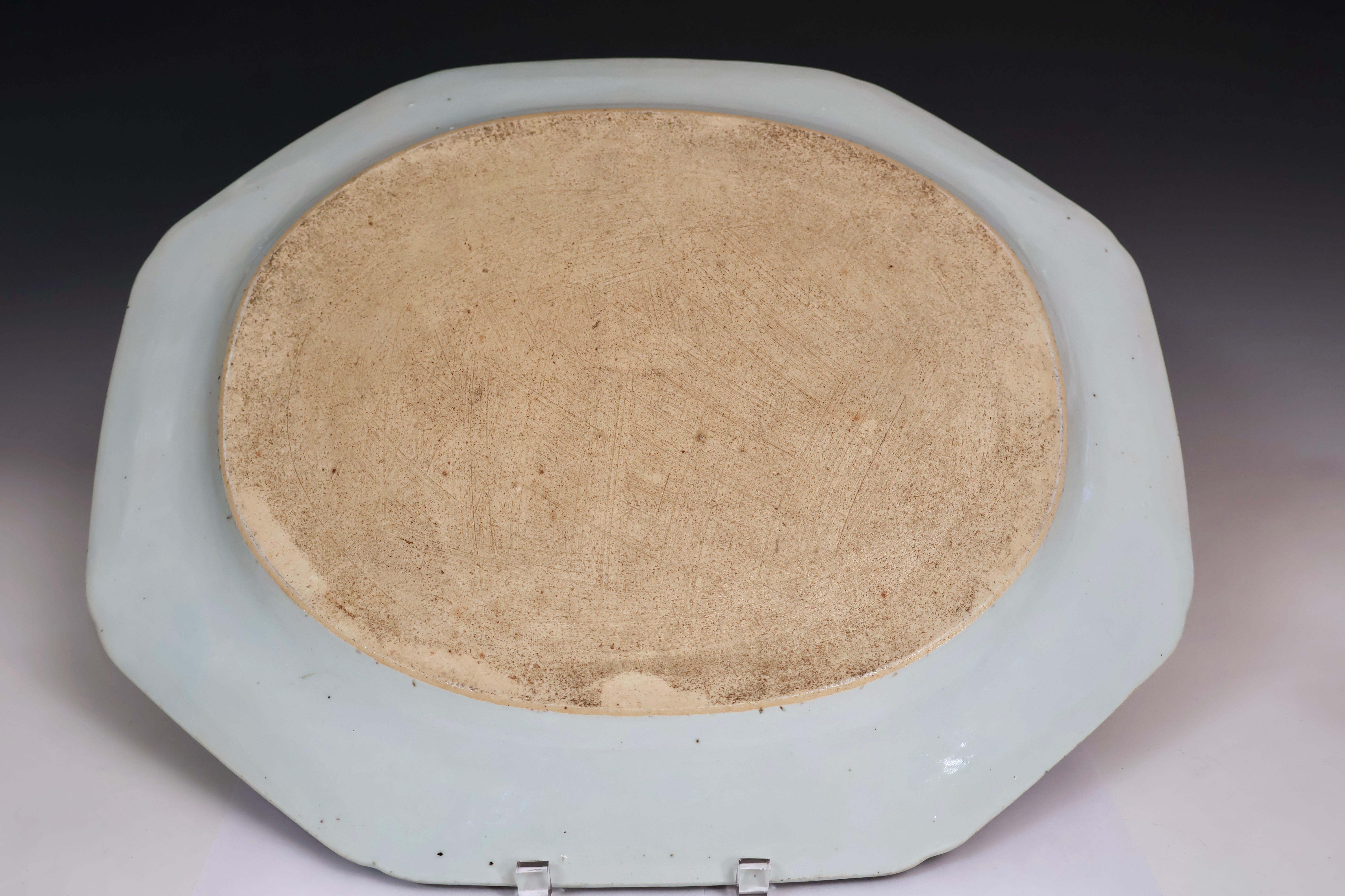 Ancien Canton Chinois X Grand Plat Porcelaine d'Exportation Bleu & Blanc Enorme 20x17