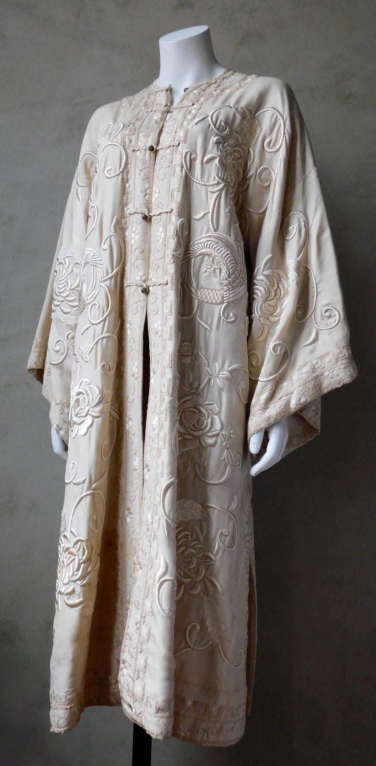 Antique Chinese Cantonese Embroidered Robe Ivory White with Bronze ...